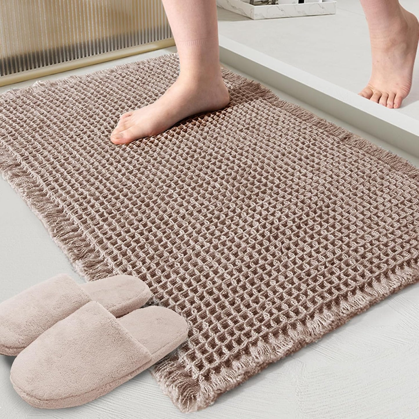 ZALL Tan Waffle Bath Mat,Super Absorbent Non Slip Bathroom Rug,Brown 24x48inch,Machine Washable Ultra Soft Floor Mats