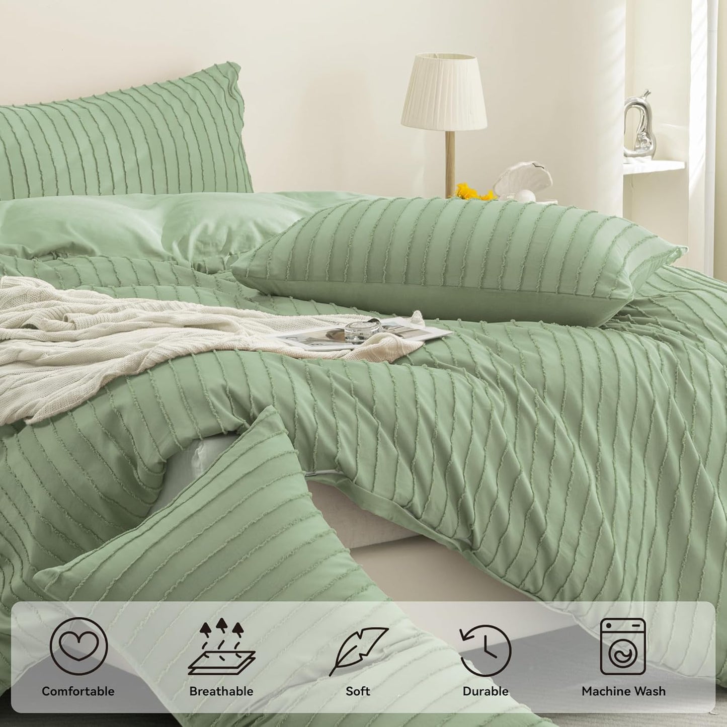JELLYMONI Duvet Cover Twin Size Light Green - 3PCS Boho Striped Duvet Cover Set Polyester Tufted Bohemian Textured Comforter Cover 68×90in with Corner Ties & Zipper and 2 Pillowcases