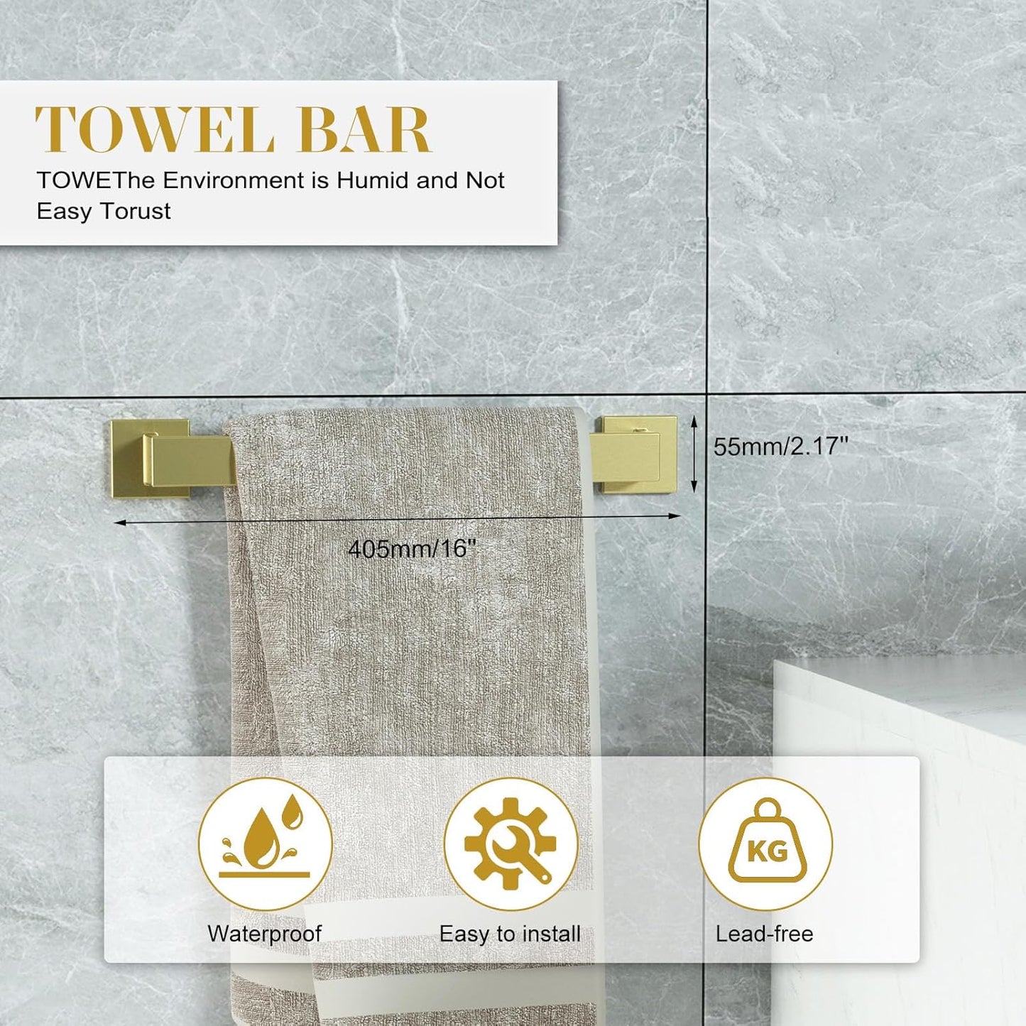 Bathroom Accessory Towel Bar Set: 10 Pieces Gold Bathroom Hardware Square SUS304 Stainless Steel - Wall Mounted Towel Rack&Toilet Paper Holder&Towel Ring and Towel Hook
