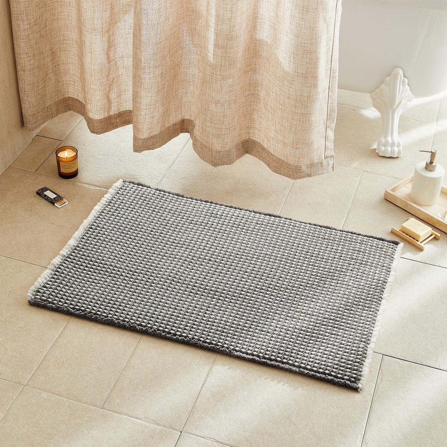 Waffle Bath Mat, Boho Bathroom Rugs Non Slip Washable Super Absorbent Quick Dry Bath Mat Farmhouse Bathroom Decor, 36"x24" Grey and White