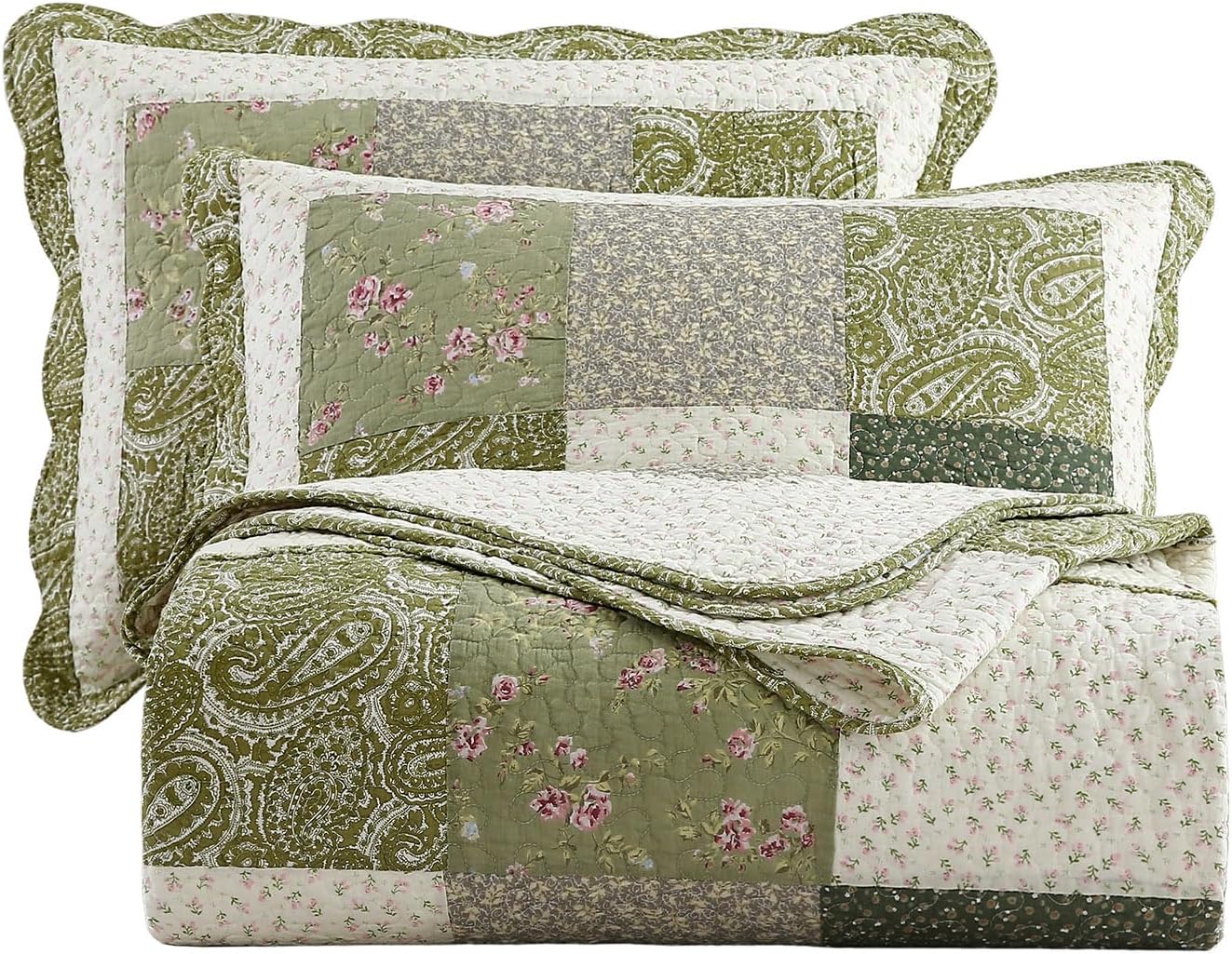 vctops Farmhouse Green 3 Piece Patchwork Quilted Set Floral Embroidery Cotton Bedding Set Lightweight Reversible Bedspread Coverlet 1 Quilt + 2 Pillow Shams (Green Floral,91"x98")