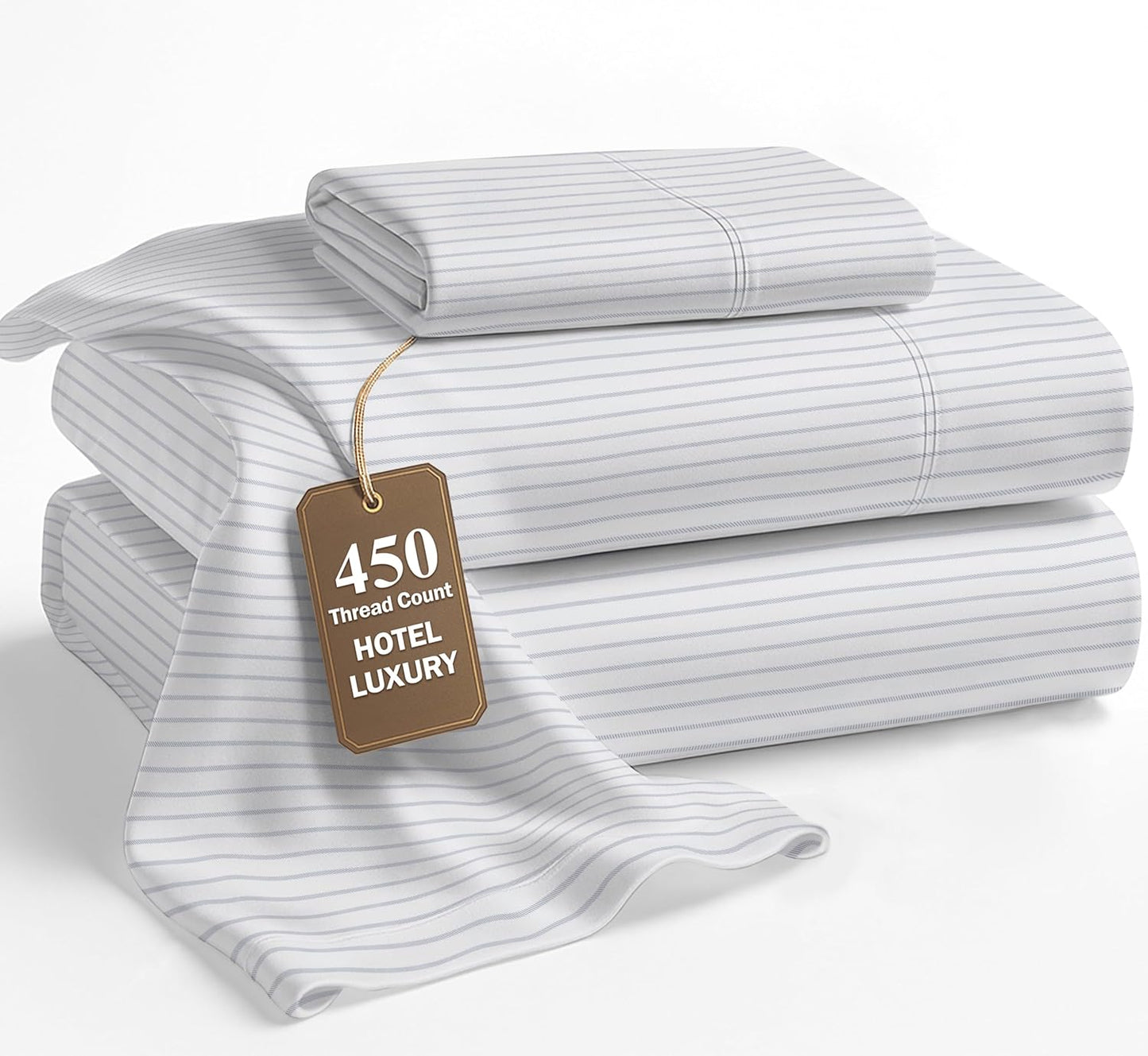 LANE LINEN Twin XL Bed Sheets – 450 Thread Count 100% Cotton, Soft Sateen Weave, Cooling & Fade-Resistant, 15” Deep Pocket, Extra Long Twin Sheets for Hospital Bed, Ticking Stripe