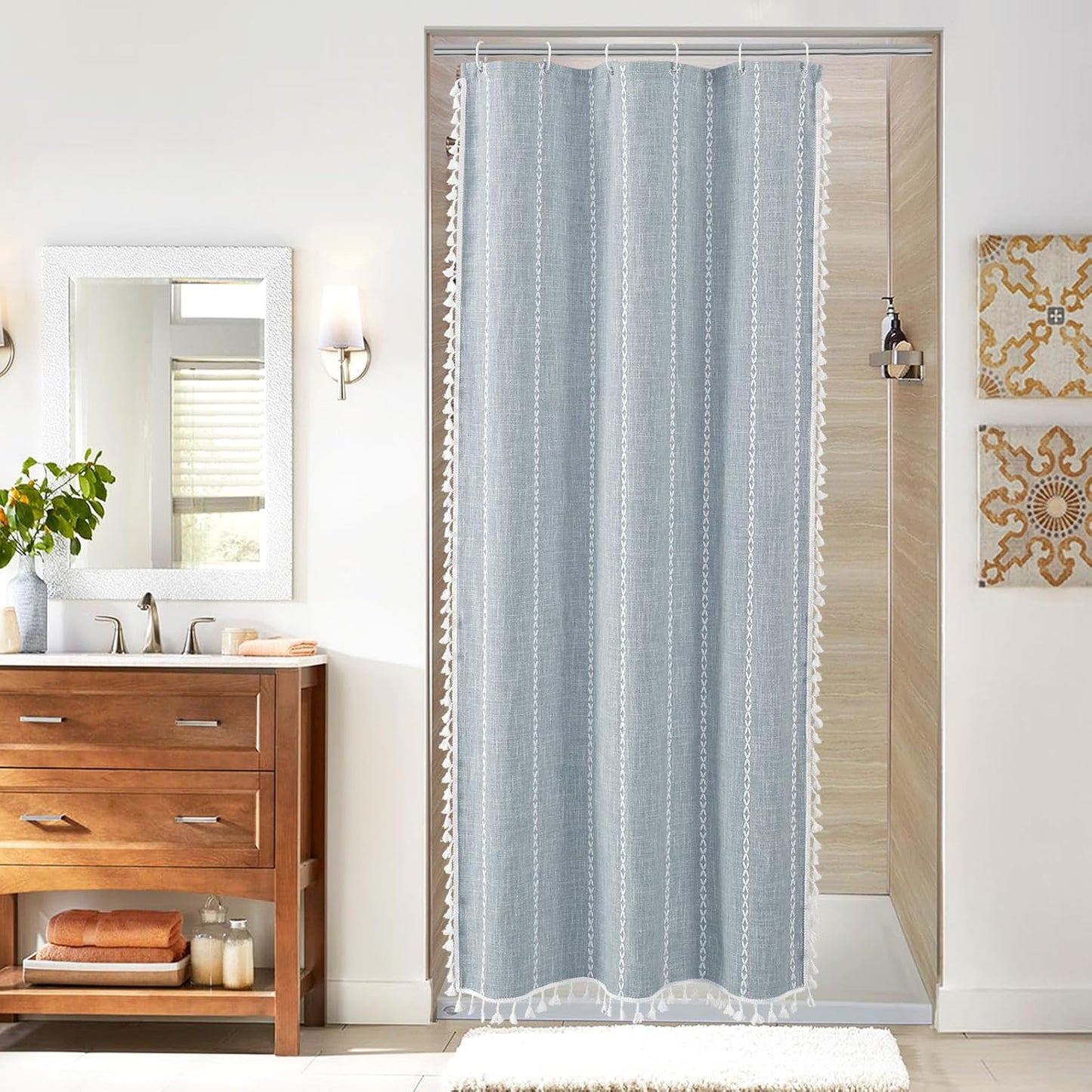 MitoVilla White Boho Farmhouse Small Stall Shower Curtain Set 36 x 72, Half Size Narrow Polyester Linen Fabric Shower Curtains for Farmhouse Bathroom Decor, White