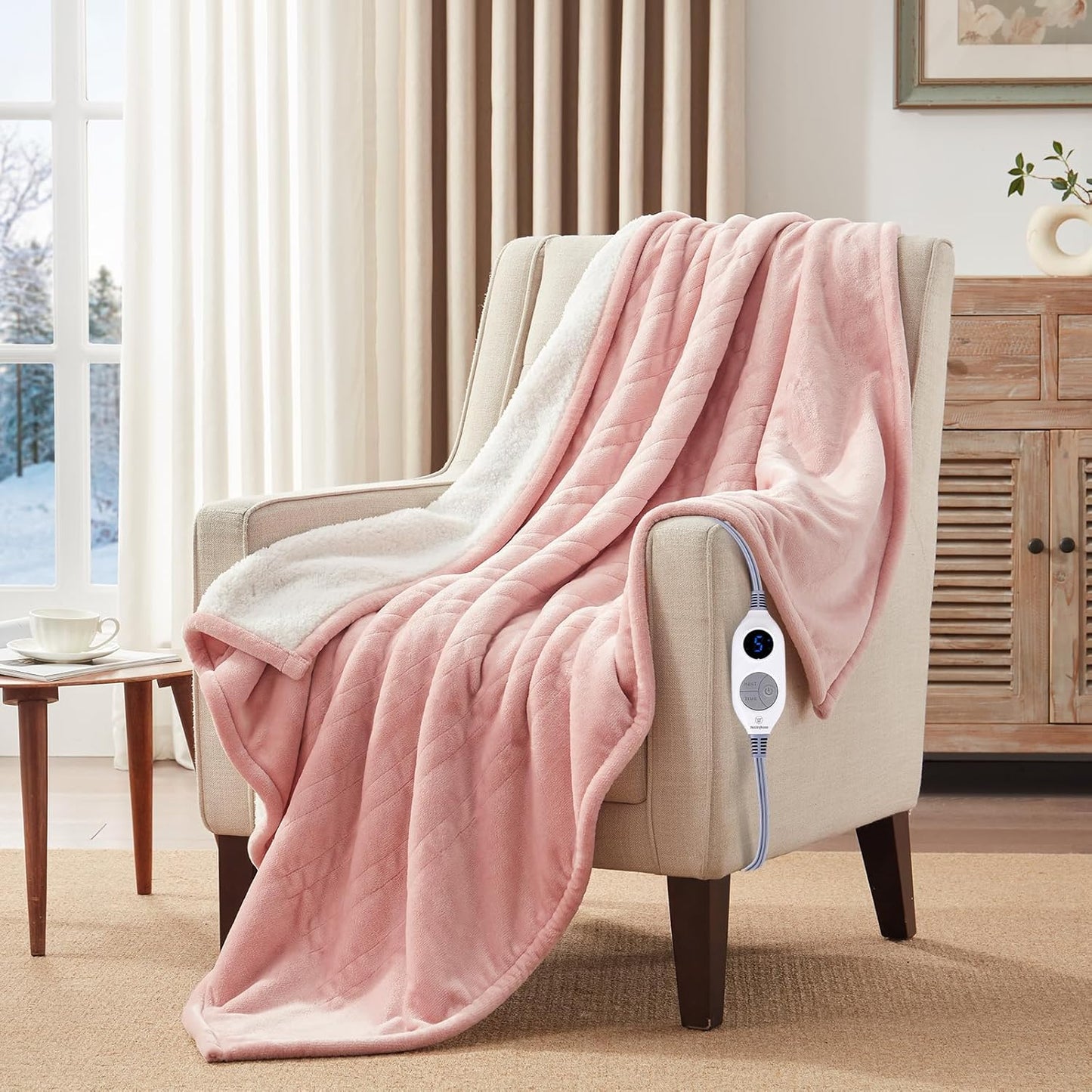 Westinghouse Heated Blanket Throw, Soft Flannel to Sherpa Electric Blanket with 10 Heating Levels, 12 Hours Auto Off, Fast Heating, Machine Washable, 50x60 Inch, Pink