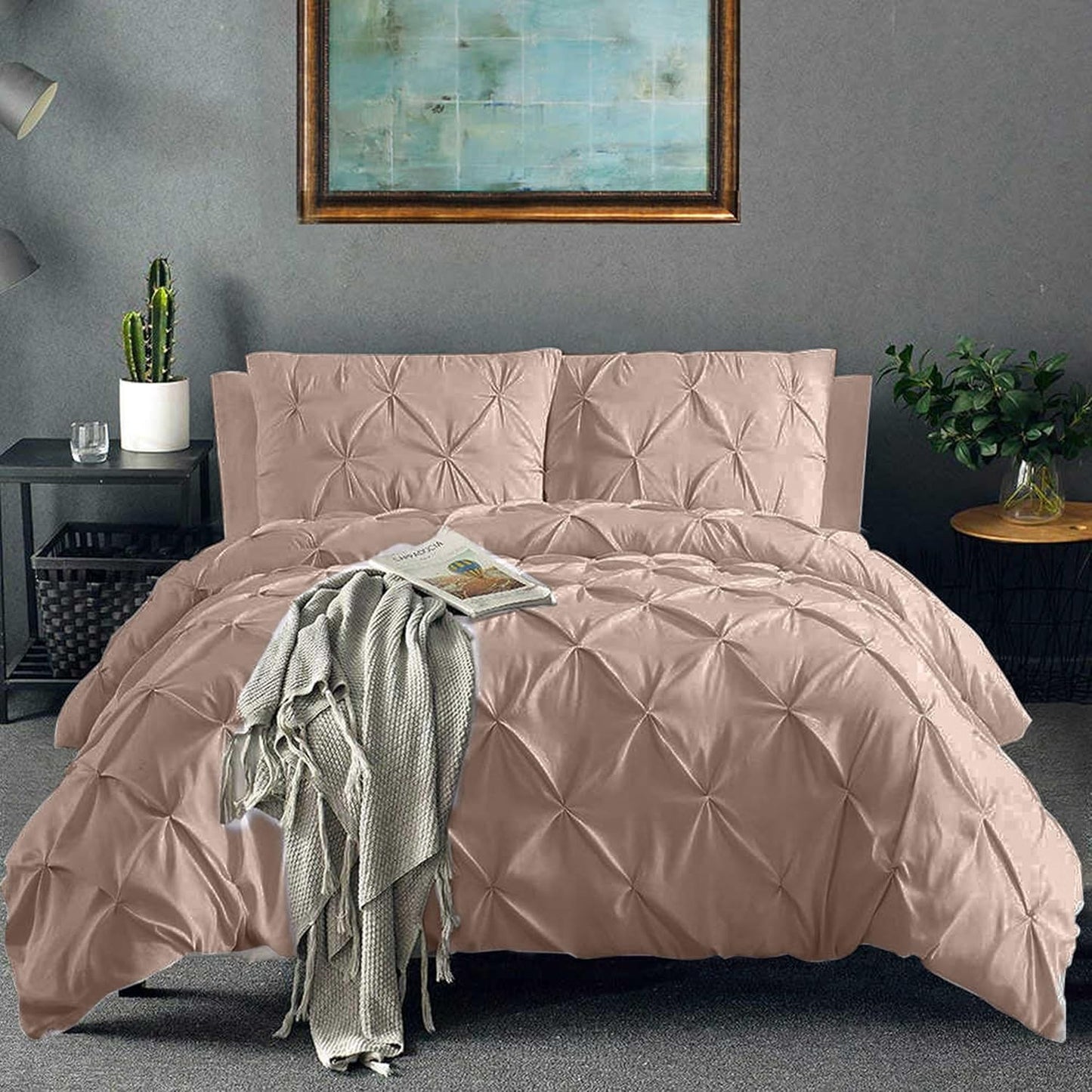 Pinch Pleated Duvet Cover Set 100% Brushed Microfiber 3PC Super King Size 98x108 Duvet Cover Set, Decorative Pinch Design Taupe Duvet Cover with Matching Pillow Case