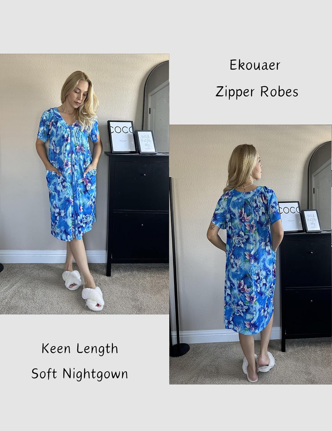 Ekouaer Women Robe Zipper Front Mumu Duster Robes Zip Up Housecoat Soft Sleepwear with Pockets S-3XL
