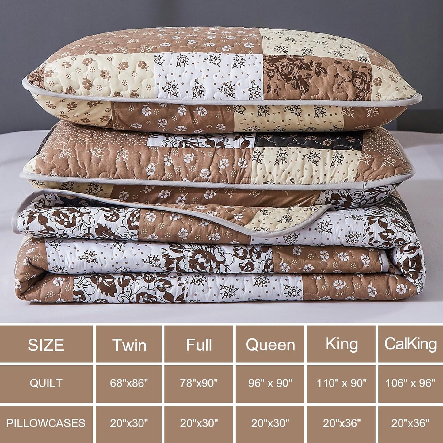 Mybedsoul Brown Quilt Set Full Size, 3 Pieces Plaid Floral Bedspread Set Patchwork Reversible Bedding Set Microfiber Lightweight Bedspread Coverlet Set for All Season 78"x90"