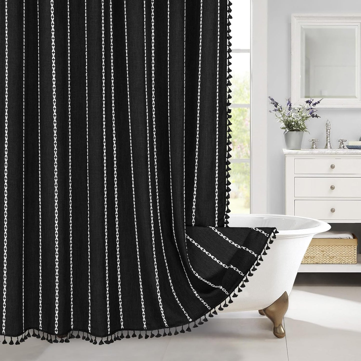 MitoVilla Boho Extra Long Shower Curtain 72 x 96, Black Modern Farmhouse 96 inch XL Polyester Linen Texture Tassel Fabric Shower Curtain Set with Hooks for Cottagecore Country Bathroom Decor,Black