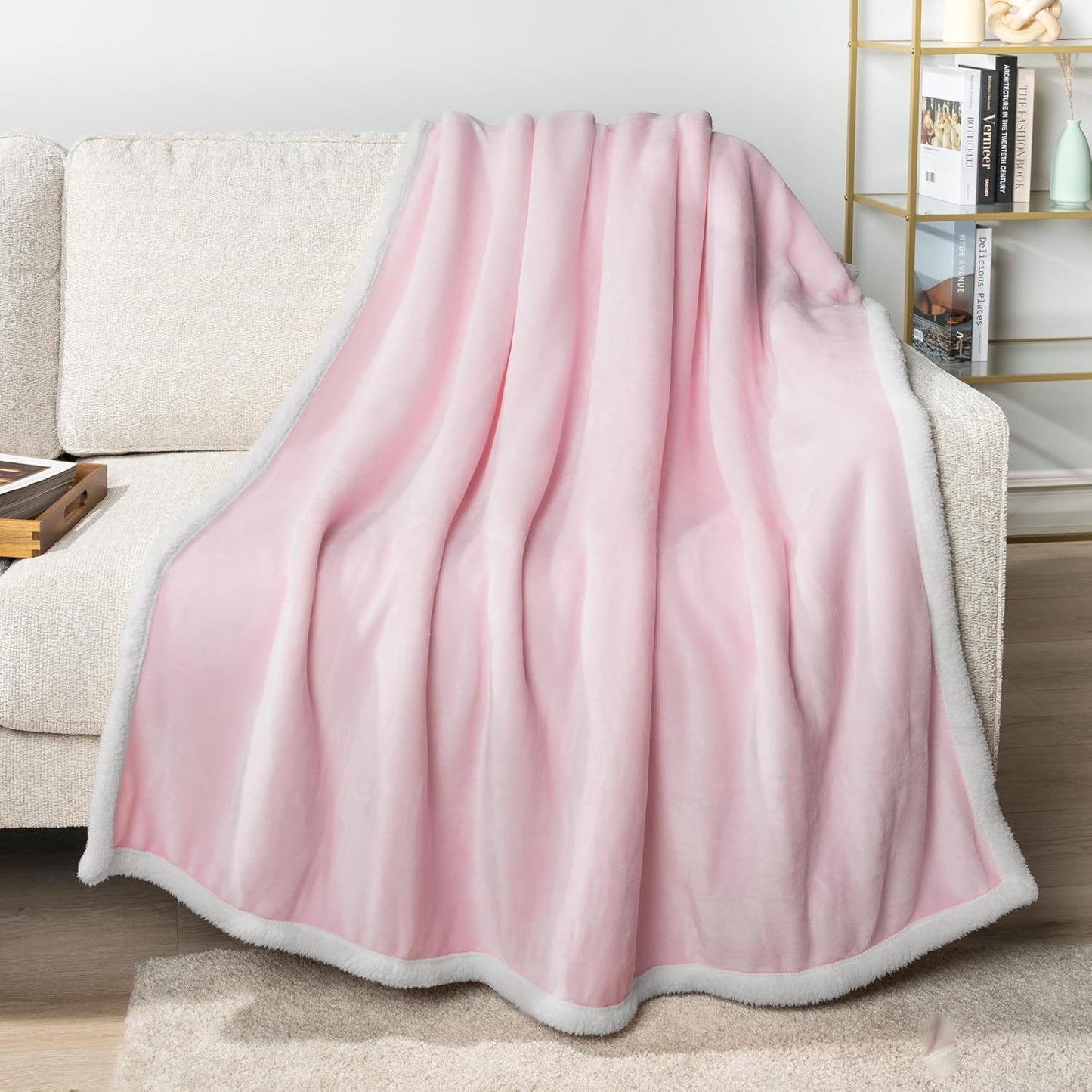 PAVILIA Sherpa Fleece Throw Blanket for Couch, Twin Size, Light Pink, Plush Soft Fuzzy Sofa Blanket, Cozy Reversible Winter Throw for Women Men, 60x80 Inches