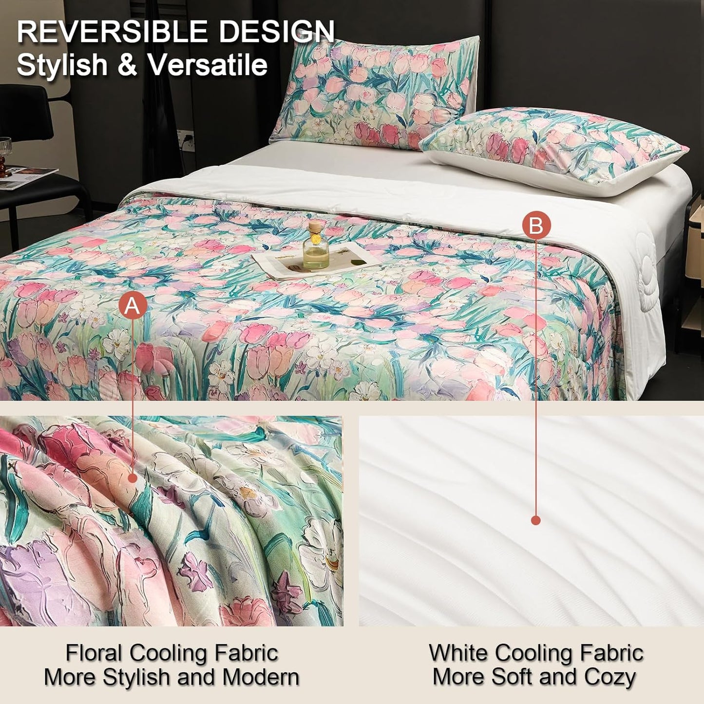 Cyusri Floral Print Cooling Comforter Set 2Pcs Breathable Cool Twin Size Bedding Set with 1 Pillowcase Pink Tulip Pattern Silky Cold Quilt, 68"x90"