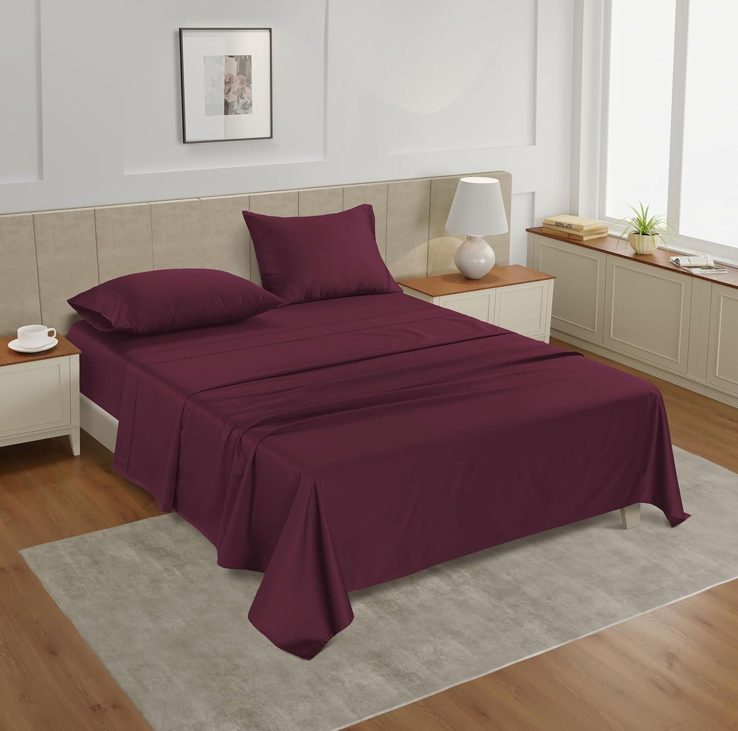 LANE LINEN 100% Cotton Full Size Sheets Set - 4 Pieces - Ultra Soft Sateen Weave, 450 Thread Count - Breathable, Cooling, Durable, 15" Deep Pockets - Windsor Wine
