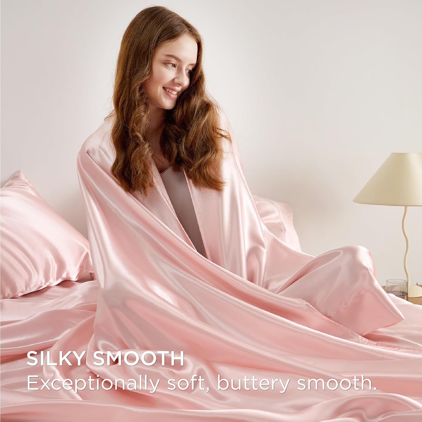 Bedsure Pink Satin Sheets Queen Size - 4 Piece Silky Bedsheets with 15 Inches Deep Pocket Fitted Bedsheet,1 Flat Sheet, 2 Satin Pillowcases, Good for Hair & Skin (Queen, Pink)