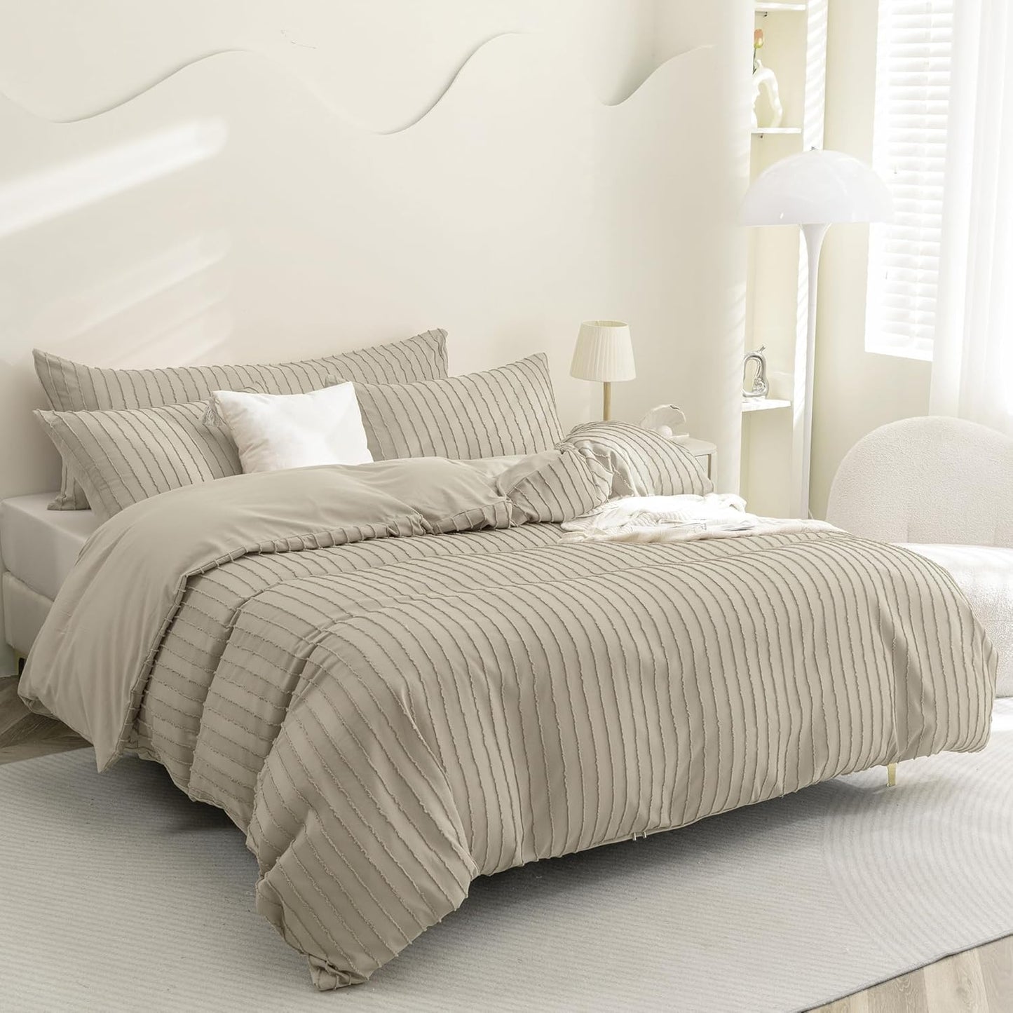 JELLYMONI Duvet Cover King Size Khaki - 3PCS Boho Striped Duvet Cover Set Polyester Tufted Bohemian Textured Comforter Cover 104×90in with Corner Ties & Zipper and 2 Pillowcases