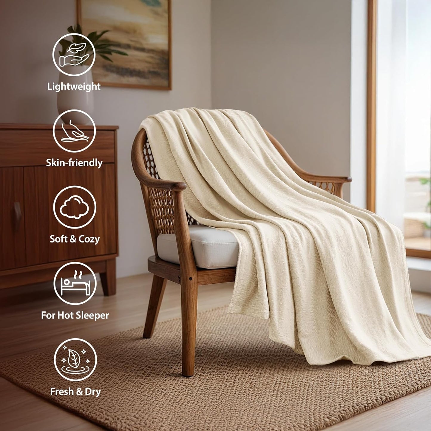 Twin Size Blanket, 70% Rayon (Derived from Bamboo) and 30% Cotton, Lightweight Jacquard Weave, Breathable and Soft Summer Blanket for Bed or Couch, 66” x 90”, Ivory