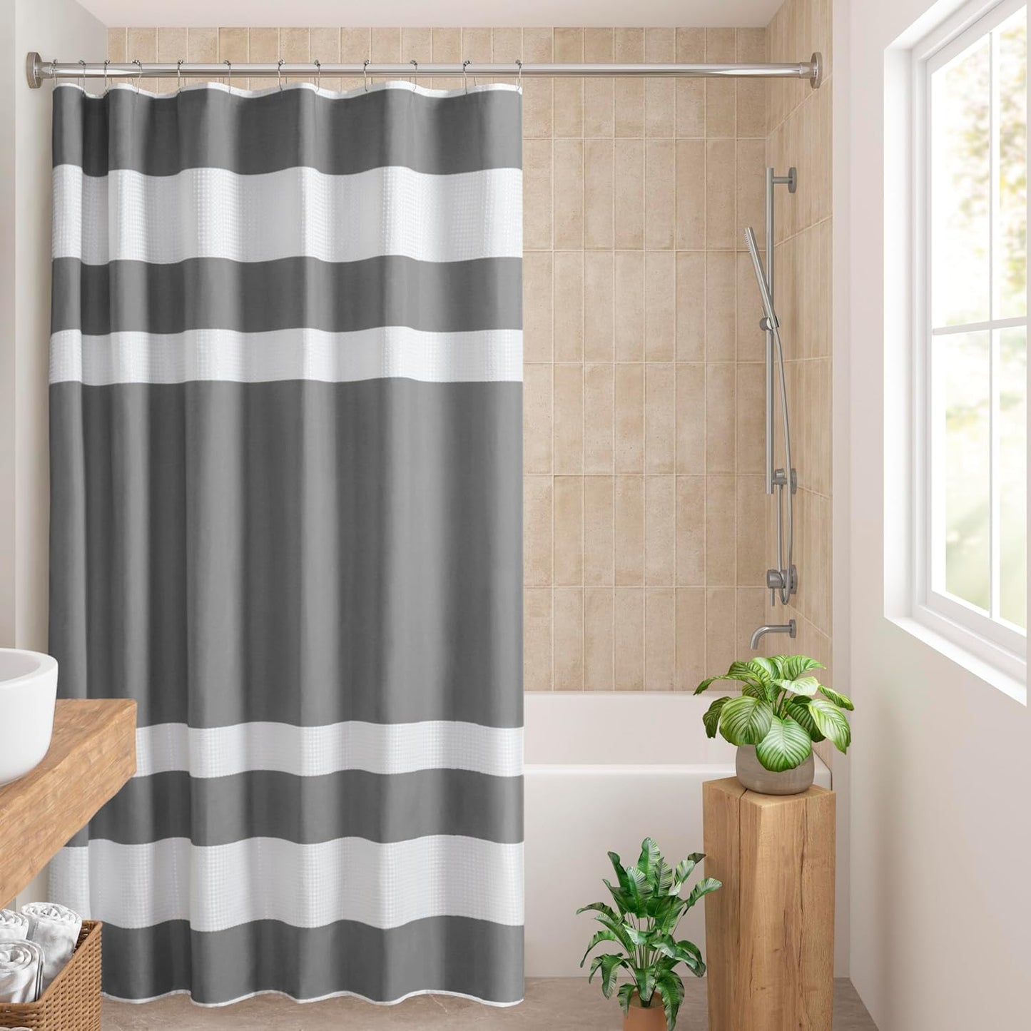 Madison Park Shower Curtain Spa Waffle Weave Long Shower Curtain for Bathroom 3M Scotchgard Moisture Management, Spa Quality Modern Shower Curtains for Bathroom, Long: 72x78 Charcoal