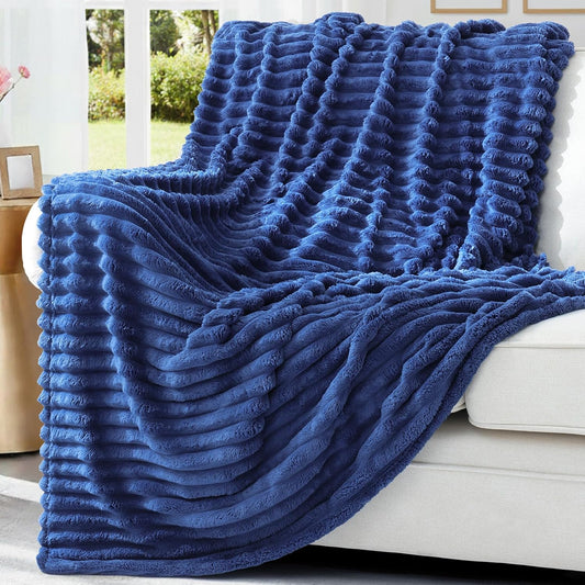 decorUhome Christmas Soft Fleece Navy Blue Throw Blanket for Couch, Cozy Fluffy Plush Flannel Striped Blanket for Sofa Bed, Lightweight Decorative Ribbed Fuzzy Blanket for Woman, 50x60 Inches