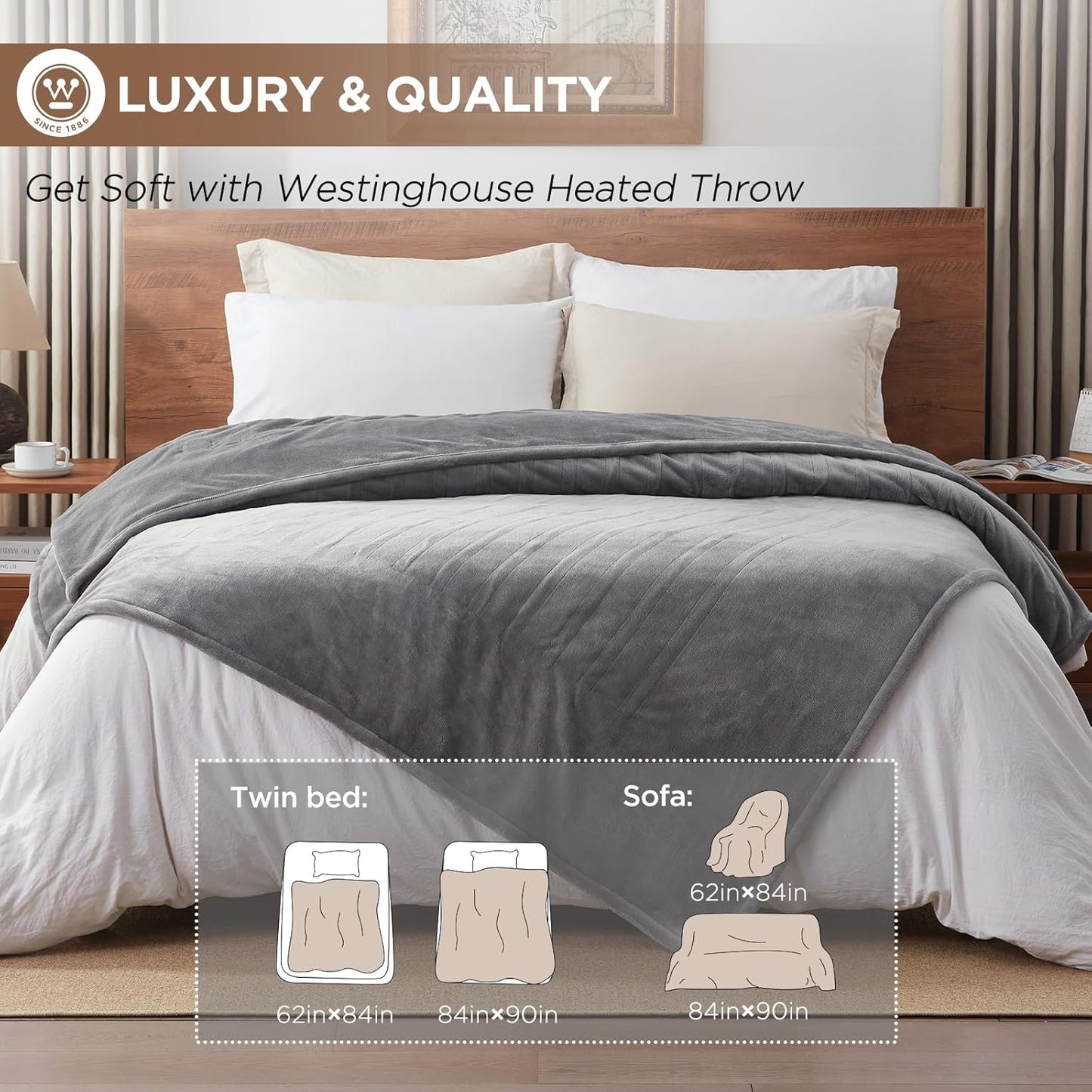 Westinghouse Heated Blanket Queen Size, Electric Heating Blanket with 10 Heating Levels, 1-12 Hours Auto Shut Off, Fast Heating Warming Blanket, Machine Washable (Queen,84x90 Inches,Light Grey)