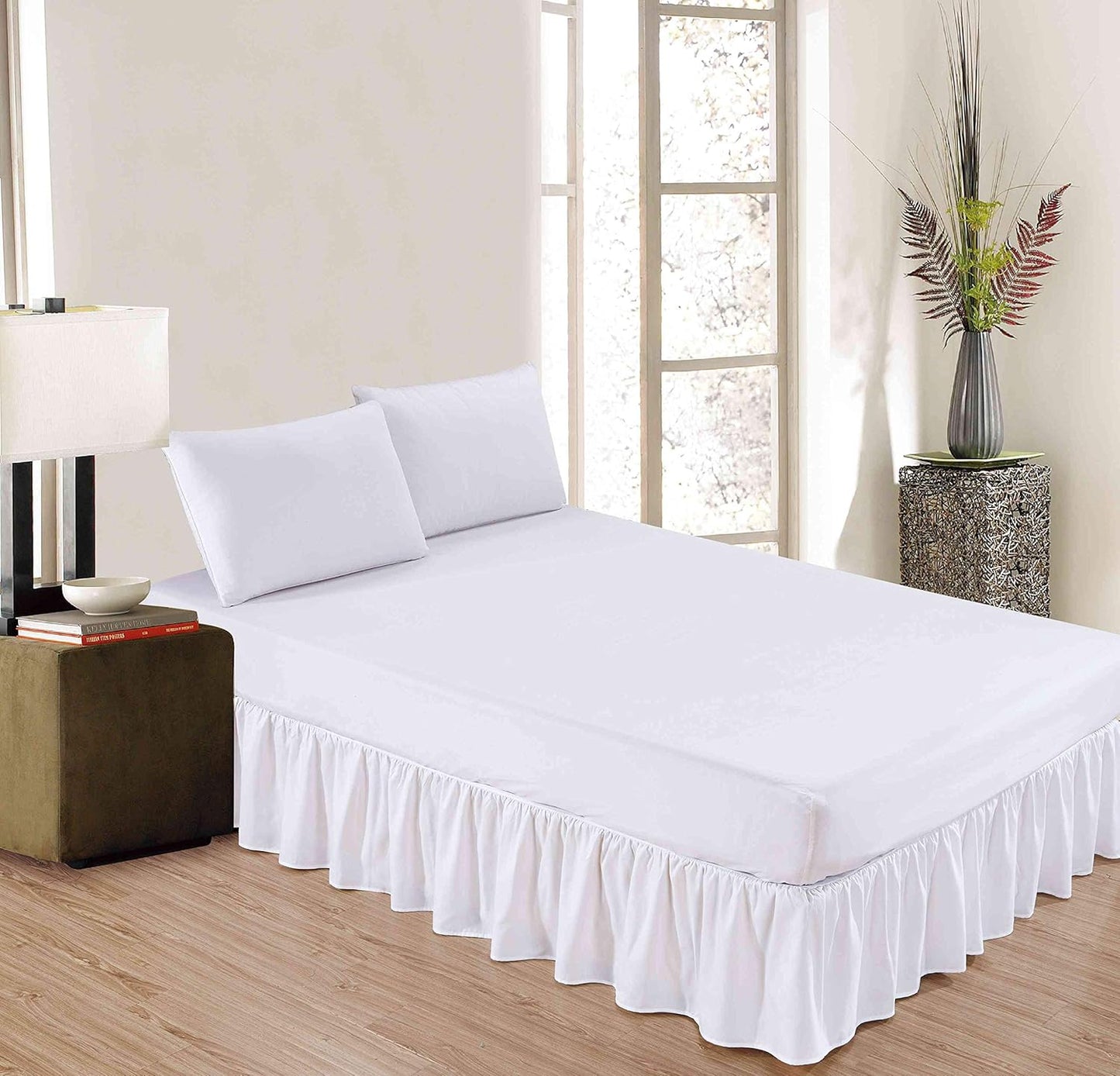 Sheets & Beyond Wrap Around Solid Microfiber Luxury Hotel Quality Fabric Bedroom Gathered Ruffled Bedding Bed Skirt 14 Inch Drop (Twin, White)