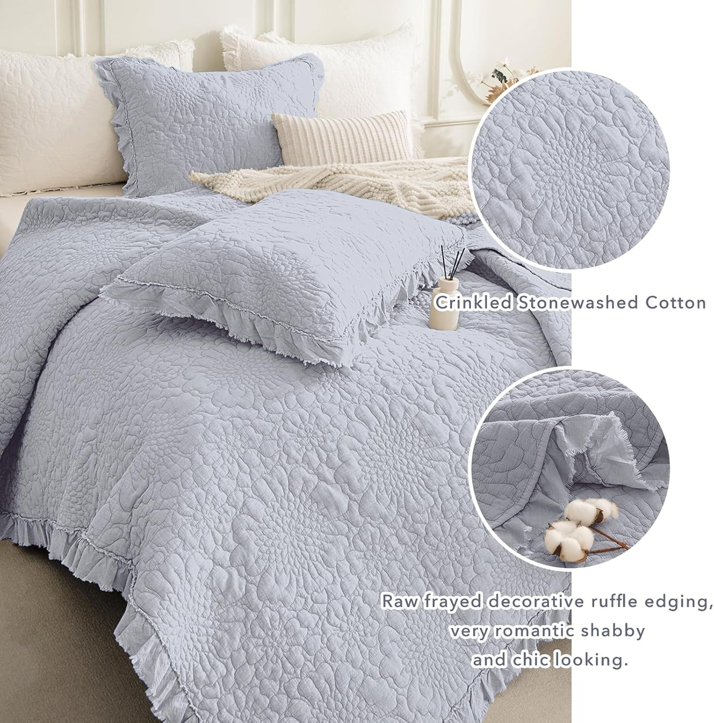 QSH Cornflower Blue Stonewashed Cotton Oversized King Quilt Bedspread Set(128"x120"),3PCs Farmhouse Ruffle Bedspread California King,Ultra Soft Lightweight Crinkle Quilt Coverlet with Pillow Shams