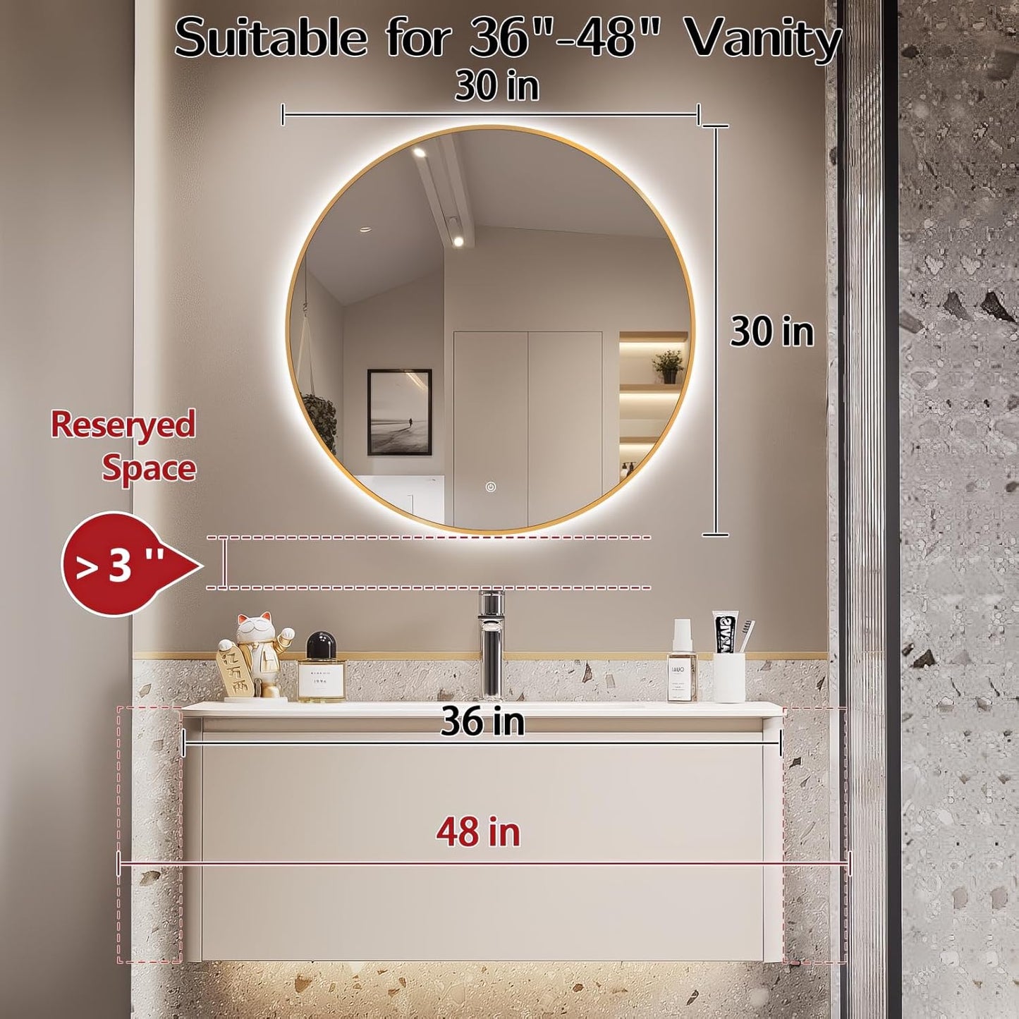 Niccy 30" LED Backlit Round Mirror for Bathroom, Gold Framed Vanity Light Wall Mirror LED Smart Circle Mirrors with 3 Lighting Colors, Dimmable Lighted Mirror with Anti-Fog, IP65 Waterproof