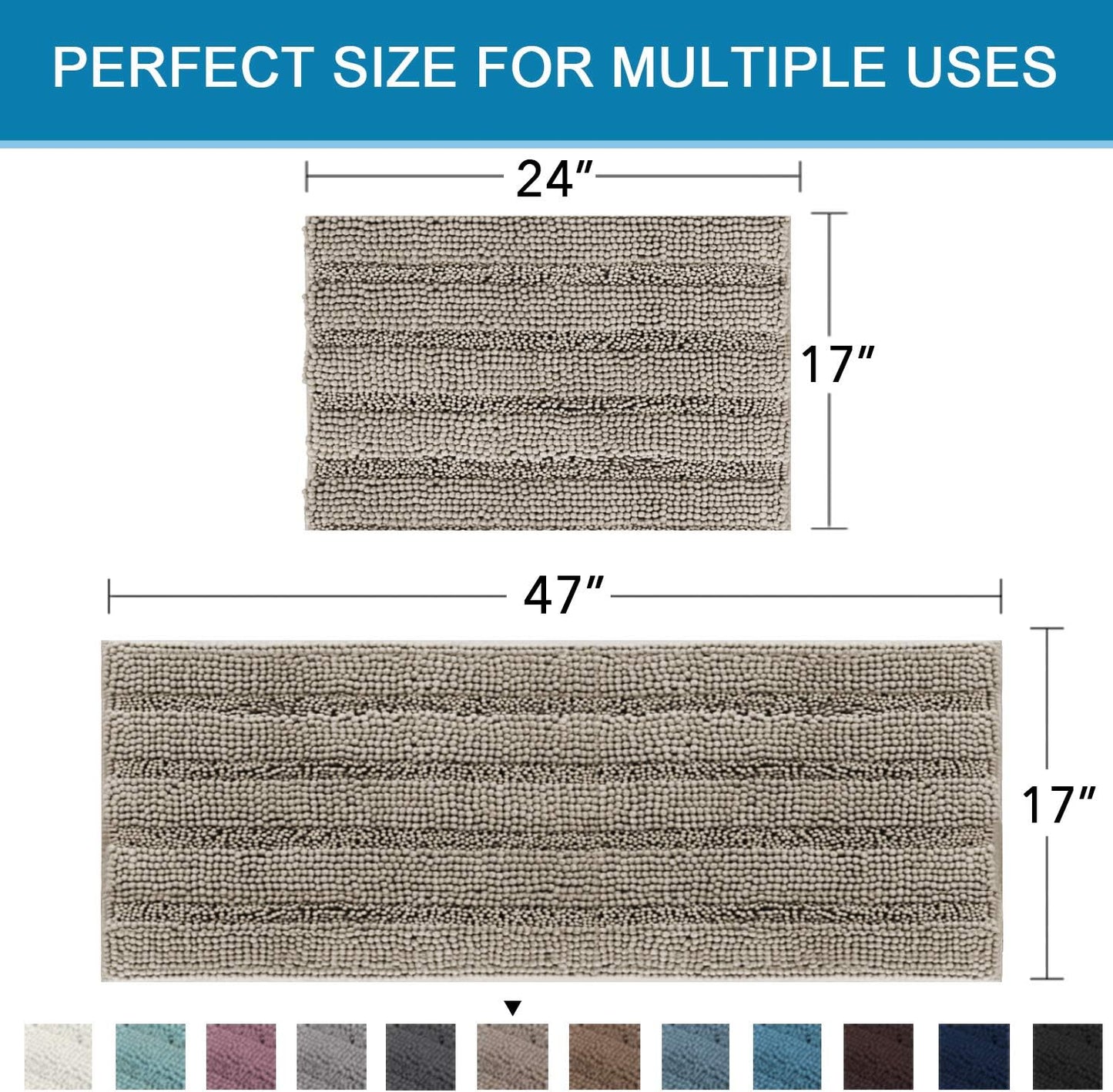 H.VERSAILTEX 2 Piece Bathroom Set - Super Absorbent Chenille Striped Bath Mats, Non Skid, Machine Washable (Taupe, 47 x 17 Plus 17 x 24 - Inches)