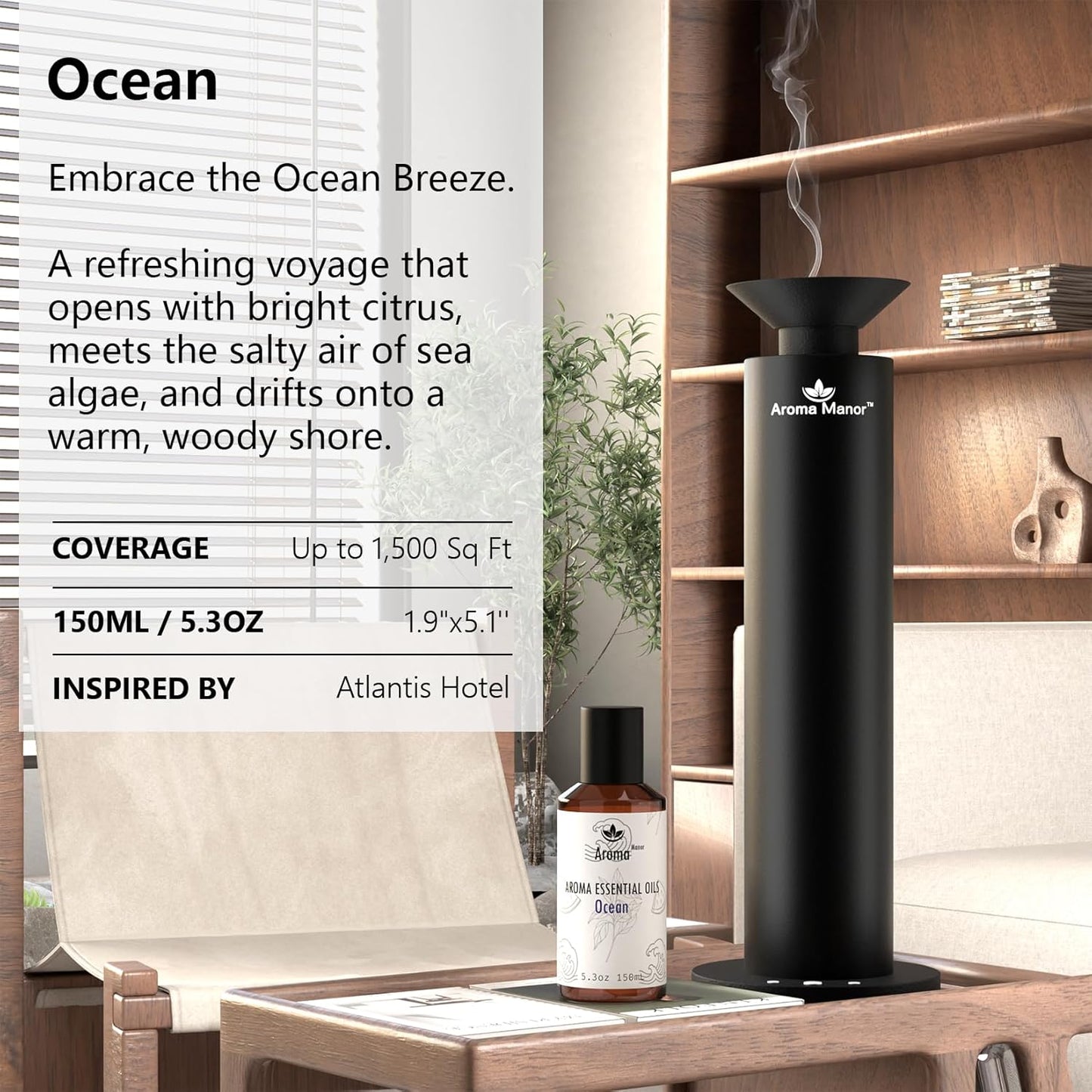 Aroma Diffuser Oil - Ocean - Aroma Fragrance Diffuser Oils, Aromatherapy Scents Neroli, Watermelon & Amber, Long-Lasting Air Fresheners, Enjoy Essential Oil Infused Atmosphere - 5.3 fl oz (150mL)
