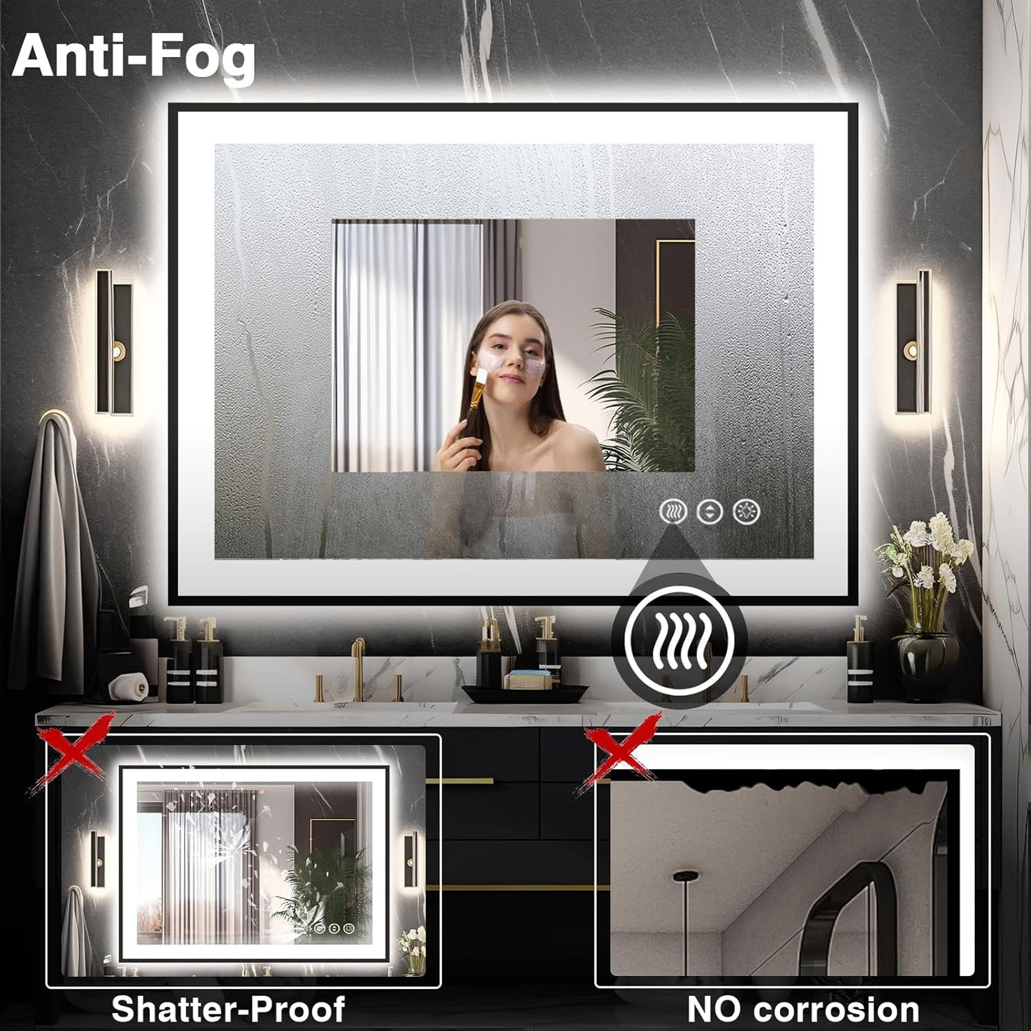 40x36 LED Bathroom Vanity Mirrors - Black Aluminum Edge (Front and Backlit), Anti-Fog Vanity Mirror with Lights,Stepless Dimmable Lighted Mirror,3 Colors Smart Mirror(Horizontal/Vertical)