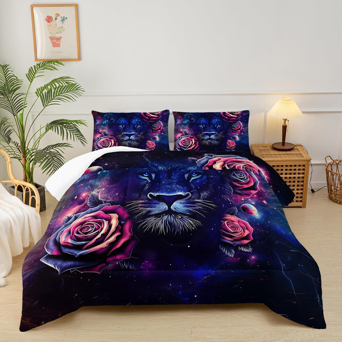 Black and Red Galaxy Roses Lion Comforter Set Queen Size，Queen Size Bedding Set Animal Print，Jungle Animal Bedroom Decor，with 1 Comforter with 2 Pillow Case