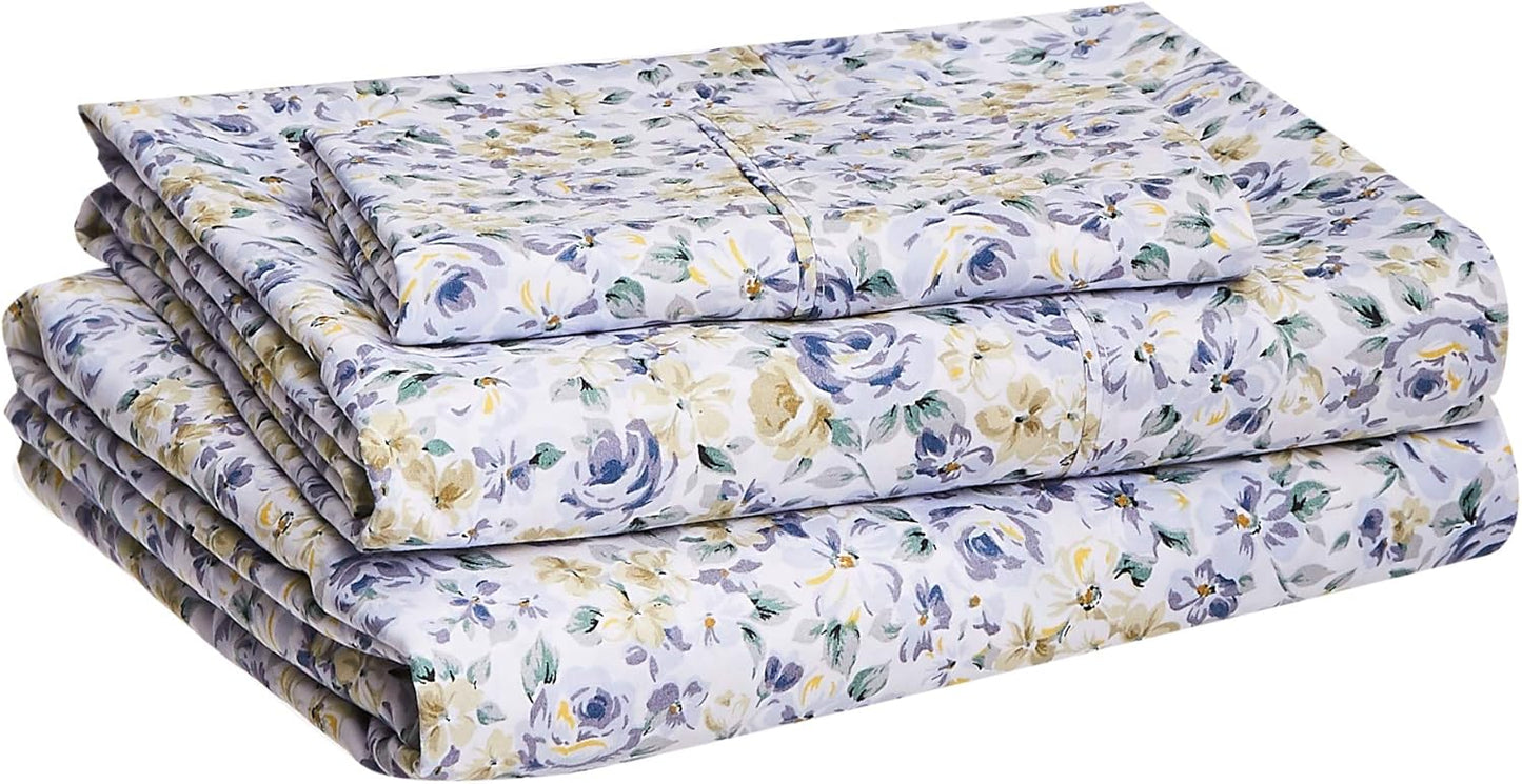 Amazon Basics Lightweight Super Soft Easy Care Wrinkle Free Microfiber 3 Piece Bed Sheet Set with 14-Inch Deep Pockets, Twin, Blue Floral, Floral, Kids, Men & Women Bedding