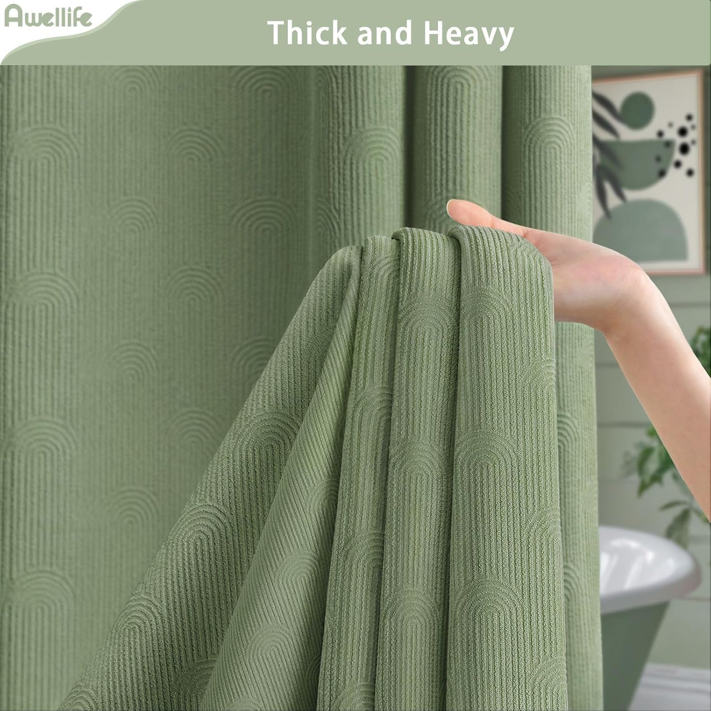 Awellife Sage Green Shower Curtains for Bathroom Cotton Fabric Touch Bohemian Mid Century Boho Minimalist Arch 72" L X 36" W