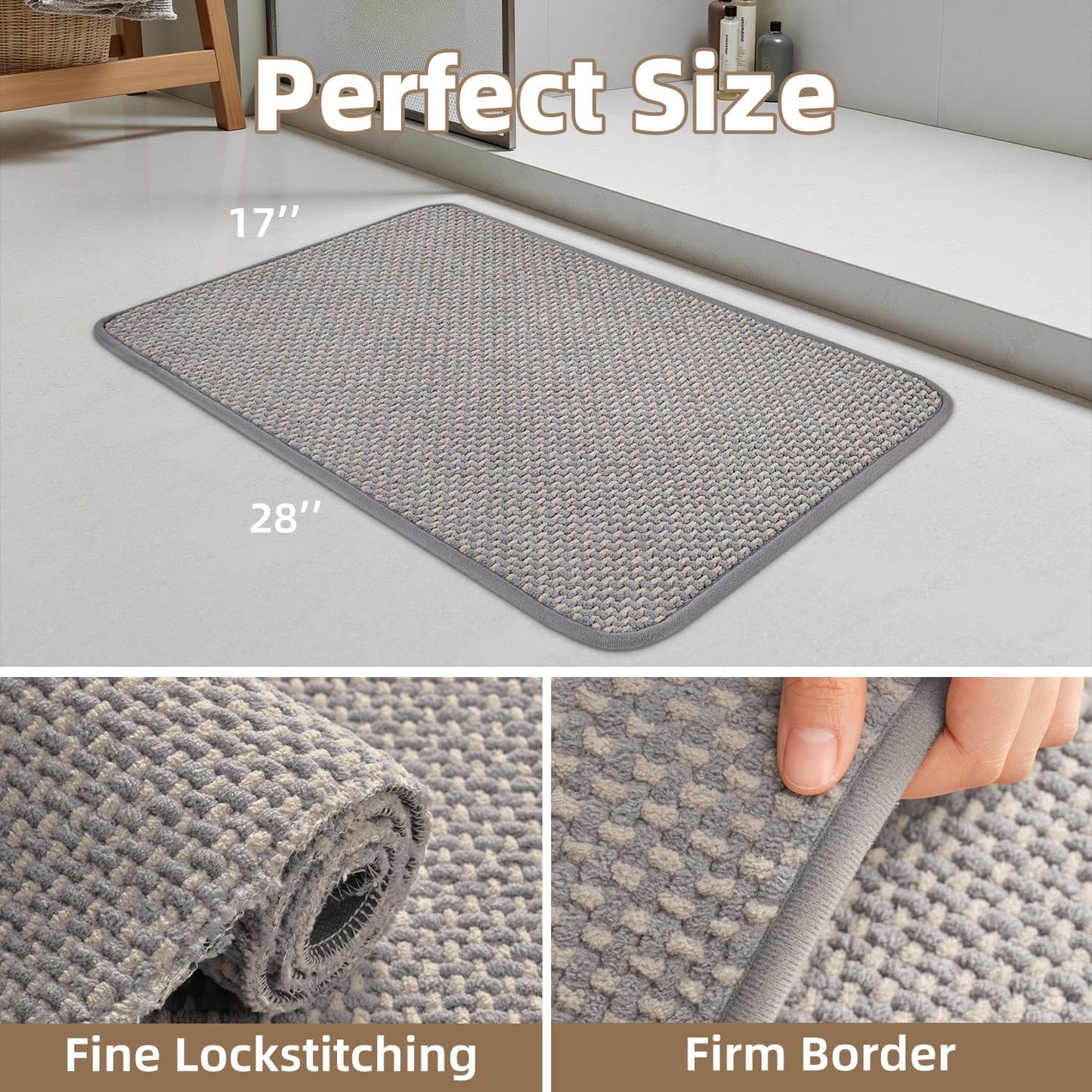 PADOOR-Bath Mat-Super Absorbent Chenille Bathroom Mats-Rubber Backed Bath Mats for Bathroom Non Slip, Easy Clean Bathroom Rugs Front of Bathtub,Shower Room,Sink-17×28, Grey&Beige