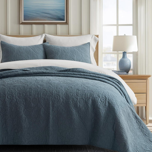 EVERGRACE 100% Cotton Paisley Quilt Set, King Size 3 Piece Set – Prewashed Lightweight Bedspread with 2 Shams, Soft & Breathable Matelasse Coverlet for All-Season Comfort, Stormy Blue