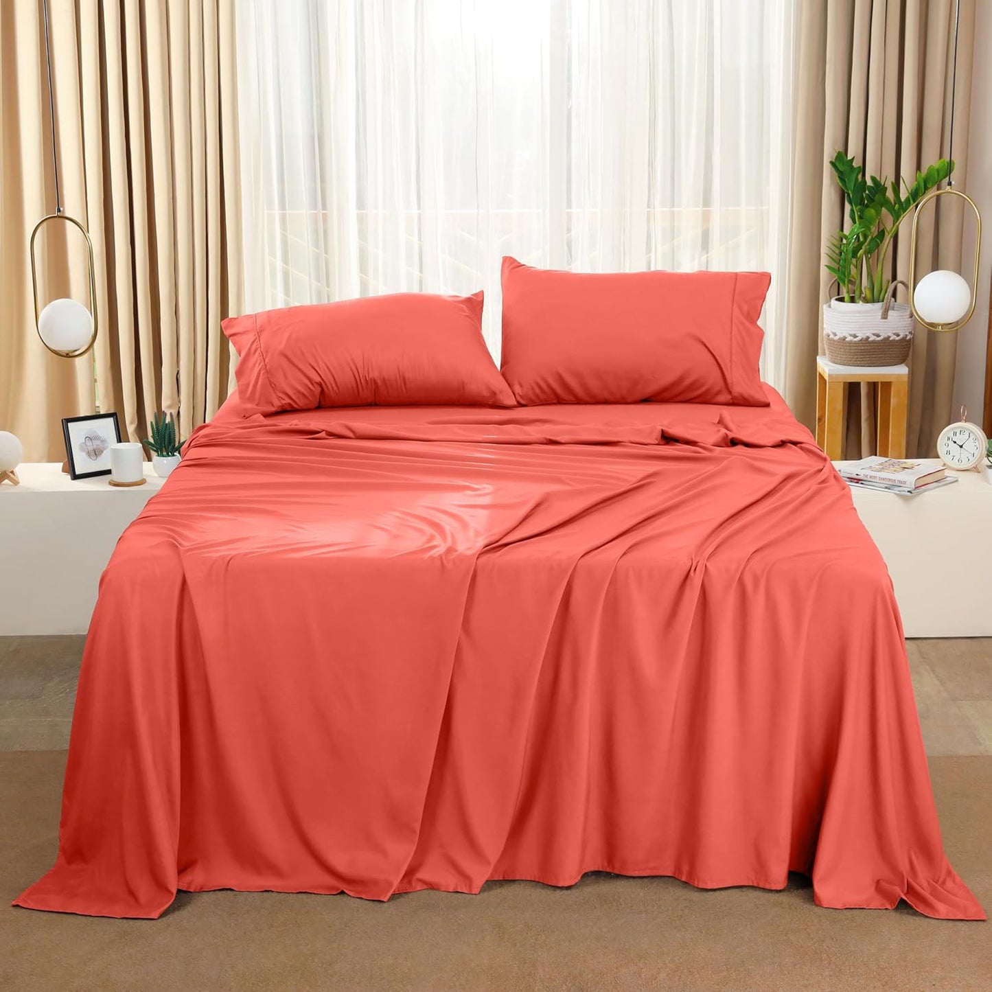 Utopia Bedding Queen Sheet Set – 4 Piece Bed Sheets for Queen Size Bed, Soft and Breathable Microfiber, Includes 1 Fitted Sheet, 1 Flat Sheet and 2 Pillowcases (Coral)