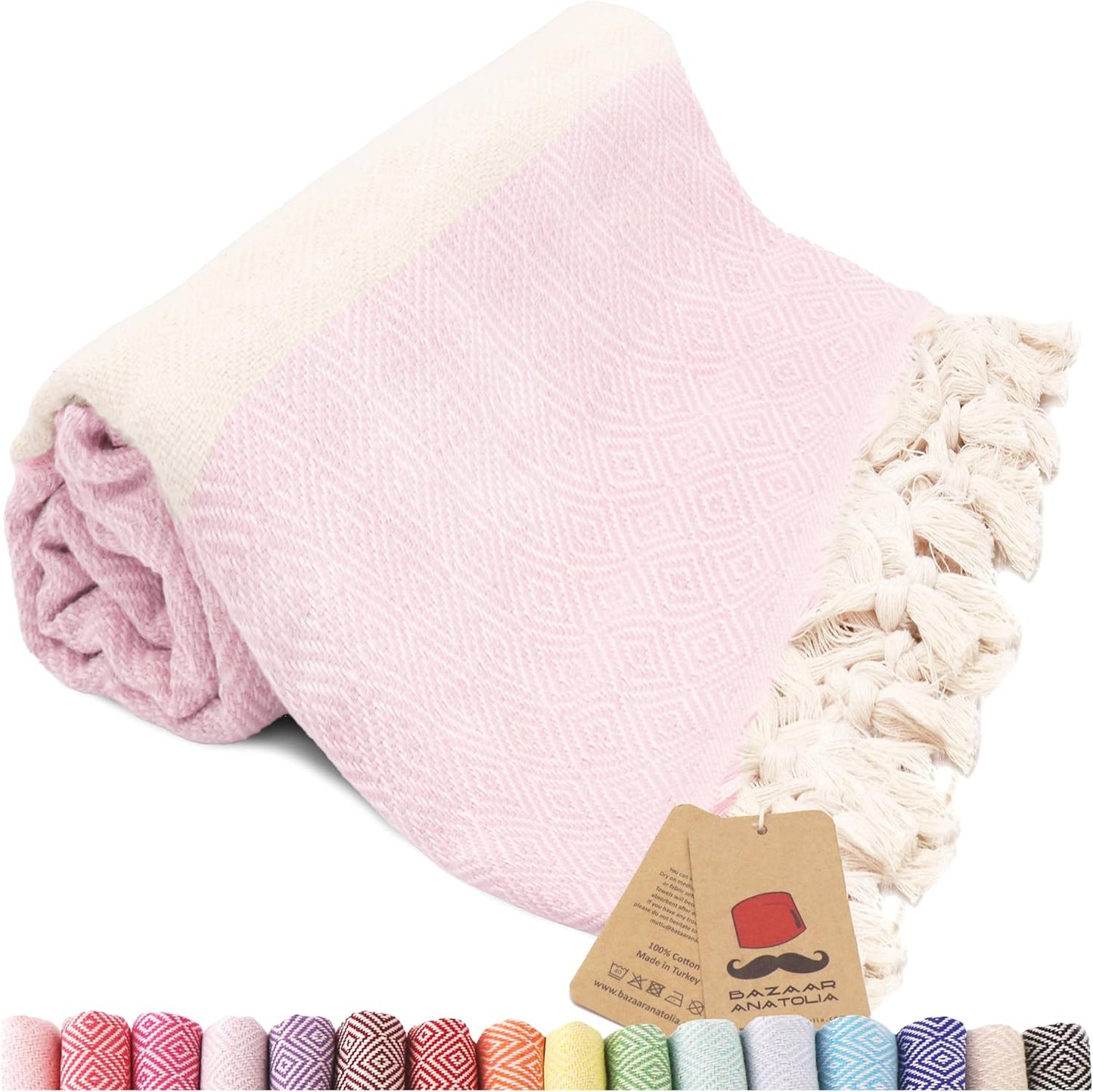 Bazaar Anatolia Turkish Beach Towel – 100% Cotton, Quick Dry, Sand Free Towel for Bathroom, Camping, Travel – Oversized 71x39 Inches – Diamond Pink