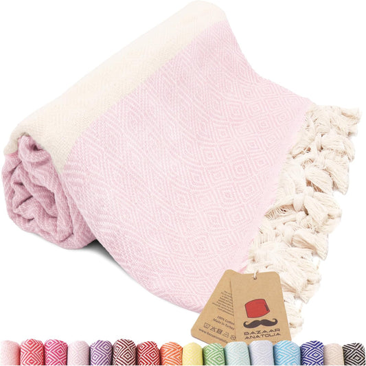 Bazaar Anatolia Turkish Beach Towel – 100% Cotton, Quick Dry, Sand Free Towel for Bathroom, Camping, Travel – Oversized 71x39 Inches – Diamond Pink