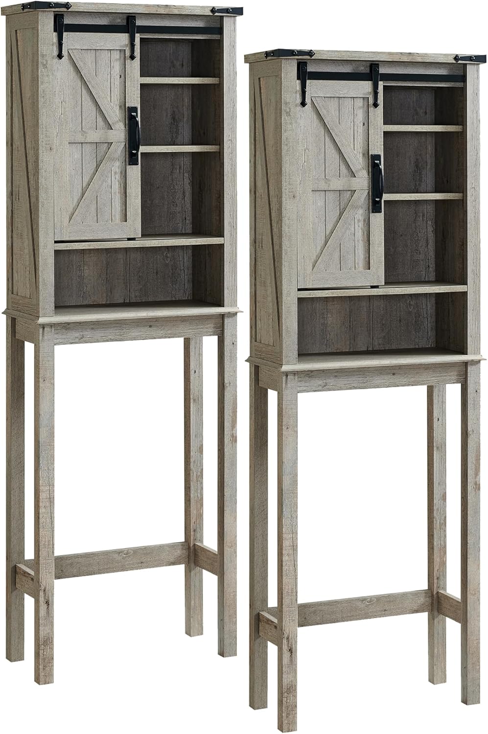 RedLemon Farmhouse Over The Toilet Storage Cabinet Set of 2, 68" Tall with Sliding Barn Doors & Adjustable Shelves, Rustic Above Toilet Storage Cabinet, Light Rustic Oak