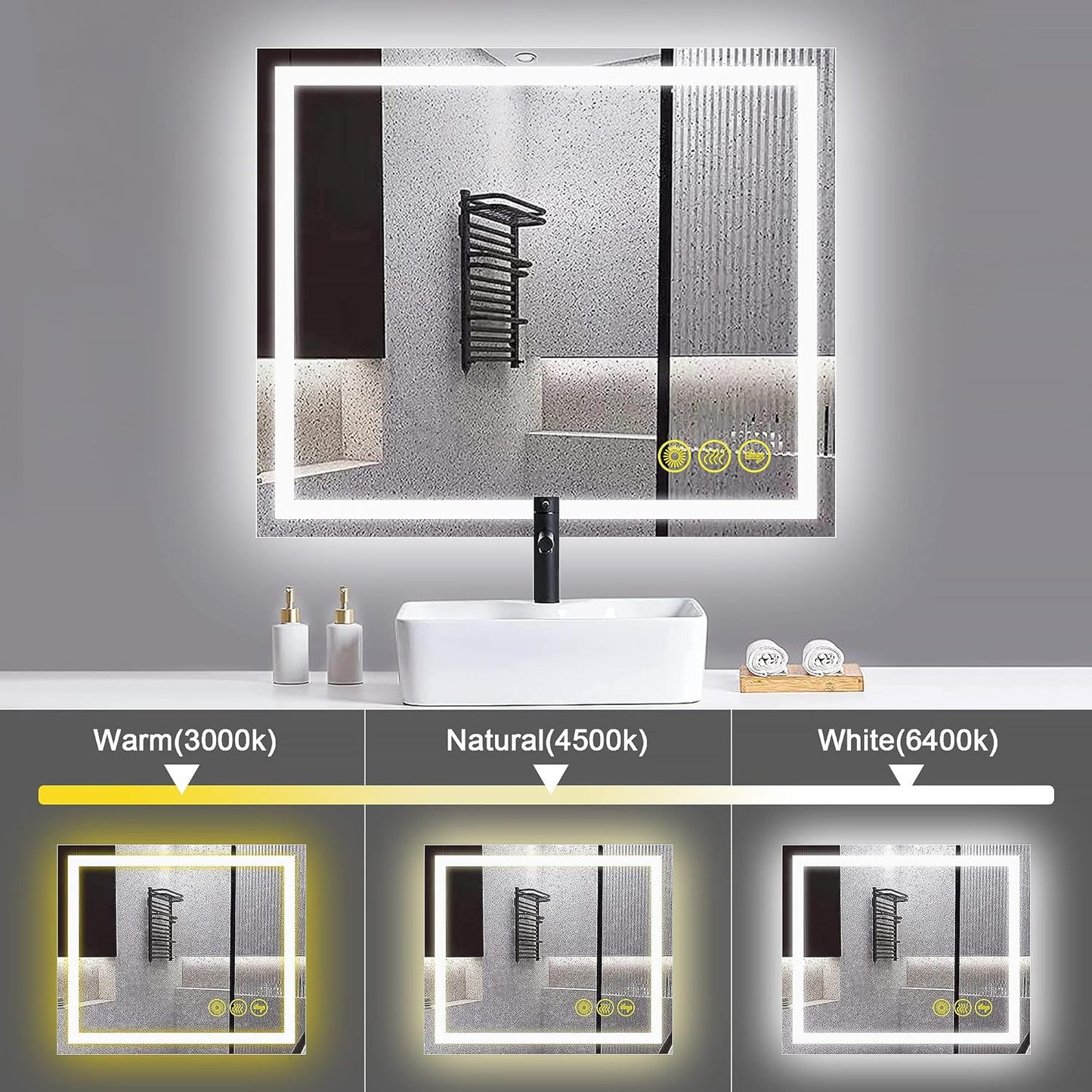 Wall-Mounted LED Square Bathroom Mirror, Makeup Mirror (36inches x 30inches,) 3 Color Stepless Dimmable Memory Bathroom Vanity Mirror with Lights CRI90+ 3000-6400K Smart Mirror with Touch
