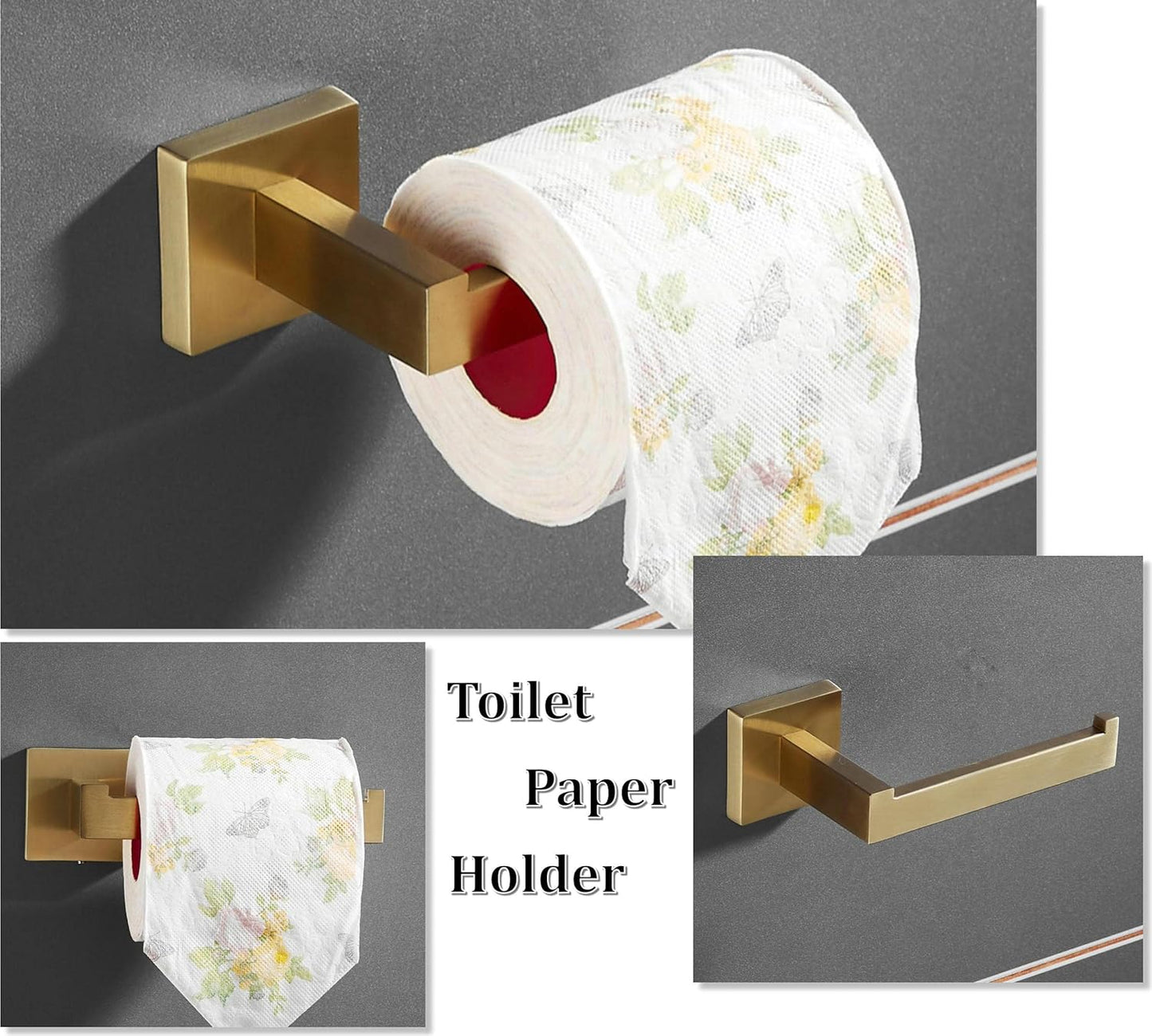SHUNLI Gold Toilet Paper Holder + Hand Towel Holder, Brushed Gold Bathroom Accessories Hardware Set 2 Pieces, Wall Mounted Towel Ring Towel Bar, SUS304 Stainless Steel