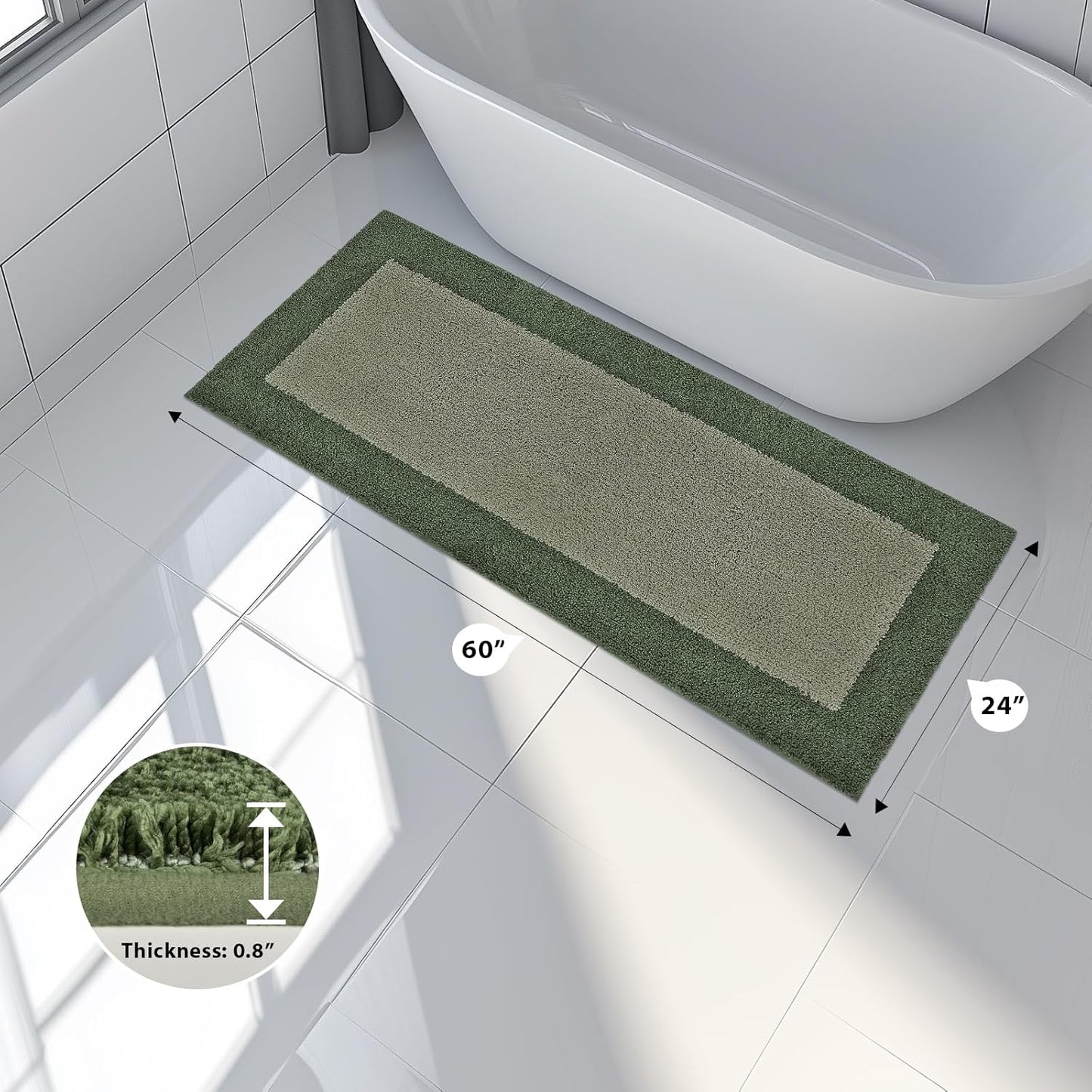 Bathroom Rugs 24" x 60", Non-Slip Extra Soft Absorbent Bath Rugs, Machine Washable Quick Dry Bath Mats for Bathroom Floor, Shower, Bathtub and Sink, Sage Green & Budding Green