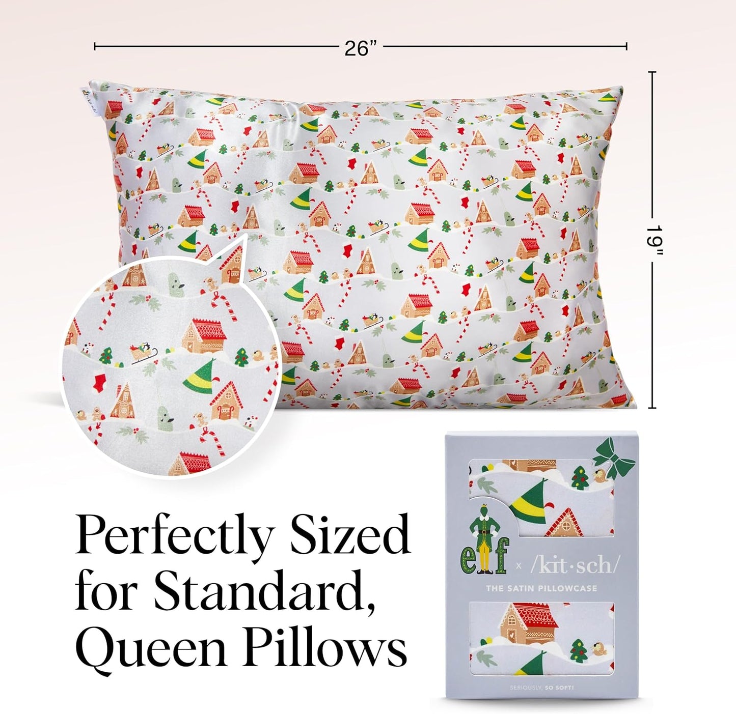 Kitsch x Elf Periwinkle Christmas Satin Pillowcase with Zipper for Hair & Skin, Softer Than Silk Pillow Cases Queen, Wrinkle-Free, Smooth and Cooling Satin Pillow Covers, Queen/Standard Size (19x26)