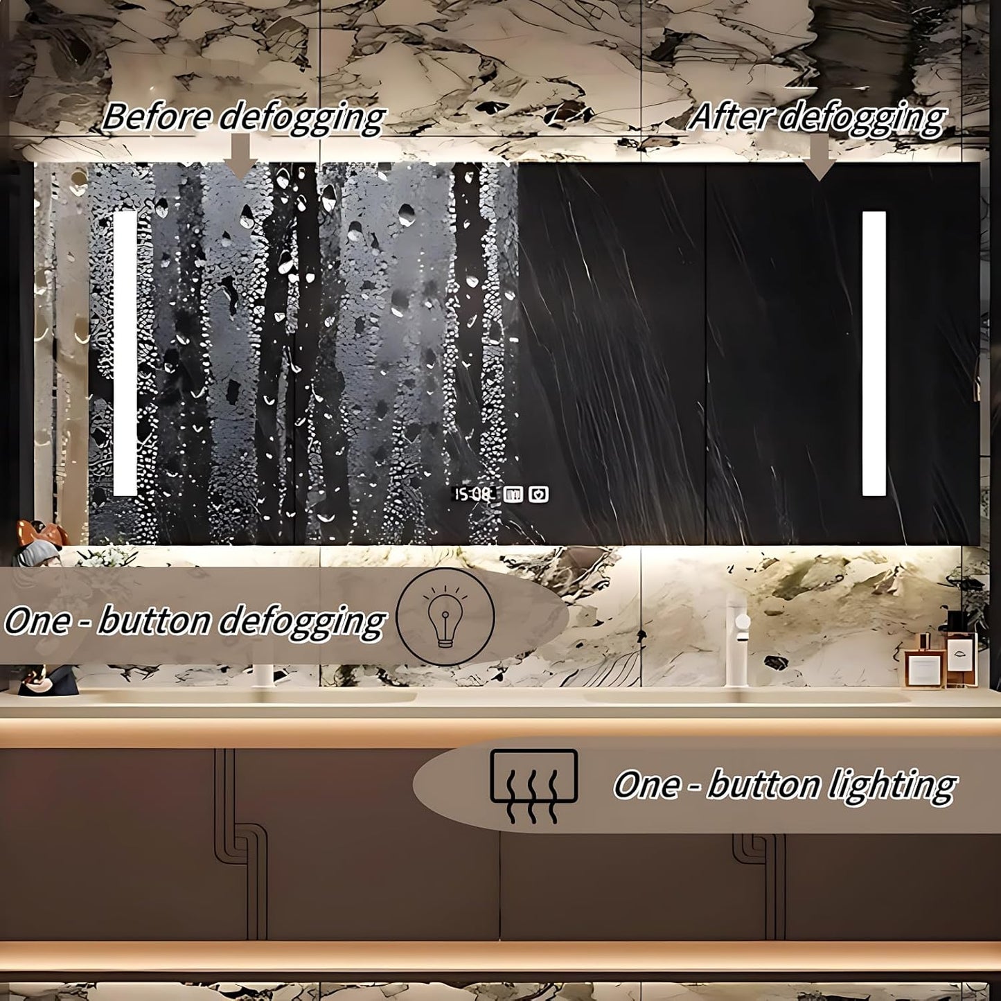 62IN Bathroom Vanity Set with Sink, Smart Defogging Vanity Mirror with 2 Light Strips | with Motion Sensing Light Strips, Bathroom Double Vanities with Sink Includes 2 Drawers (Mirror Cabinet)