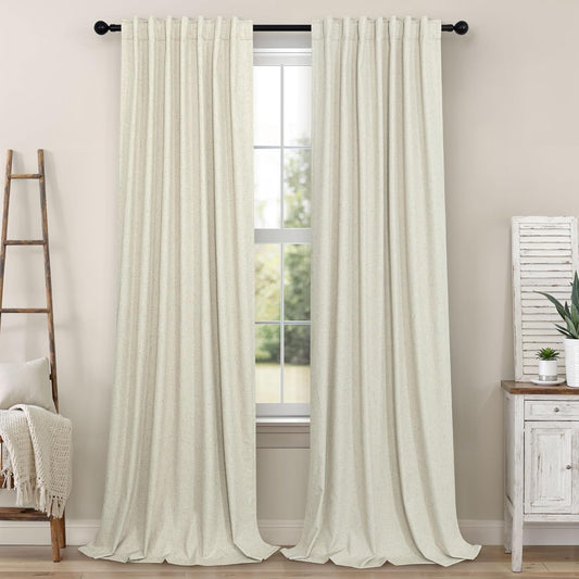 102 Inch Long Curtains for Bedroom Living Room Darkening Blackout Thermal Thick Linen Textured Luxury Curtain Drape for Sliding Glass Patio Door Set of 2 Panel 102 In Length Back Tab Ivory Cream Beige