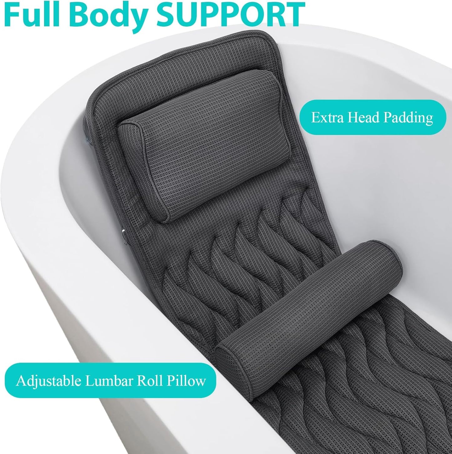 AEROiVi Full Body Bath Pillow with Adjustable Lumbar Roll Pillow Bathtub Cushion with 14 Suction Cups 3D Air Mesh Fit Any Tub Gray Bathroom Accessories