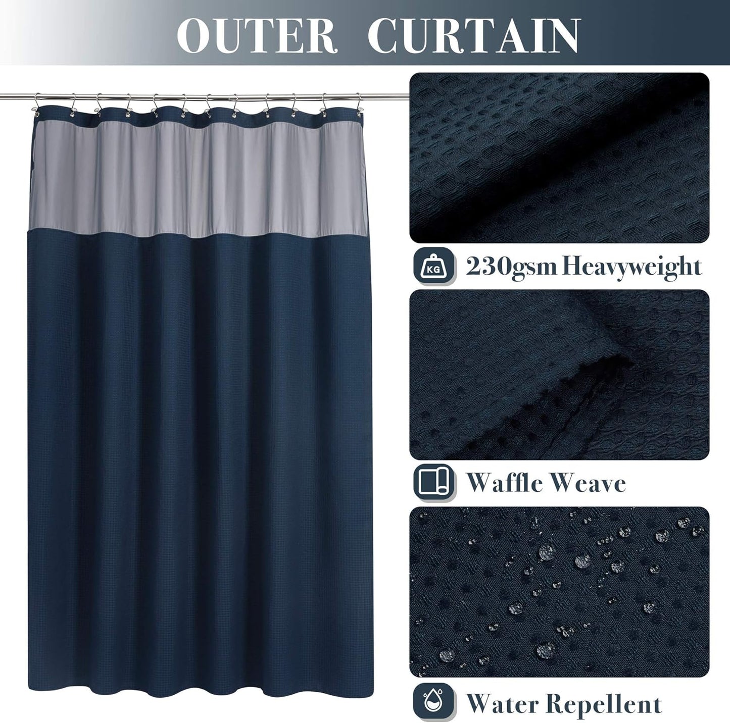 N&Y HOME Waffle Weave Shower Curtain with Snap-in Fabric Liner & Metal Hooks Set - Hotel Style, Mesh Top Window, Water-Repellent & Washable - 71x72, Navy Blue