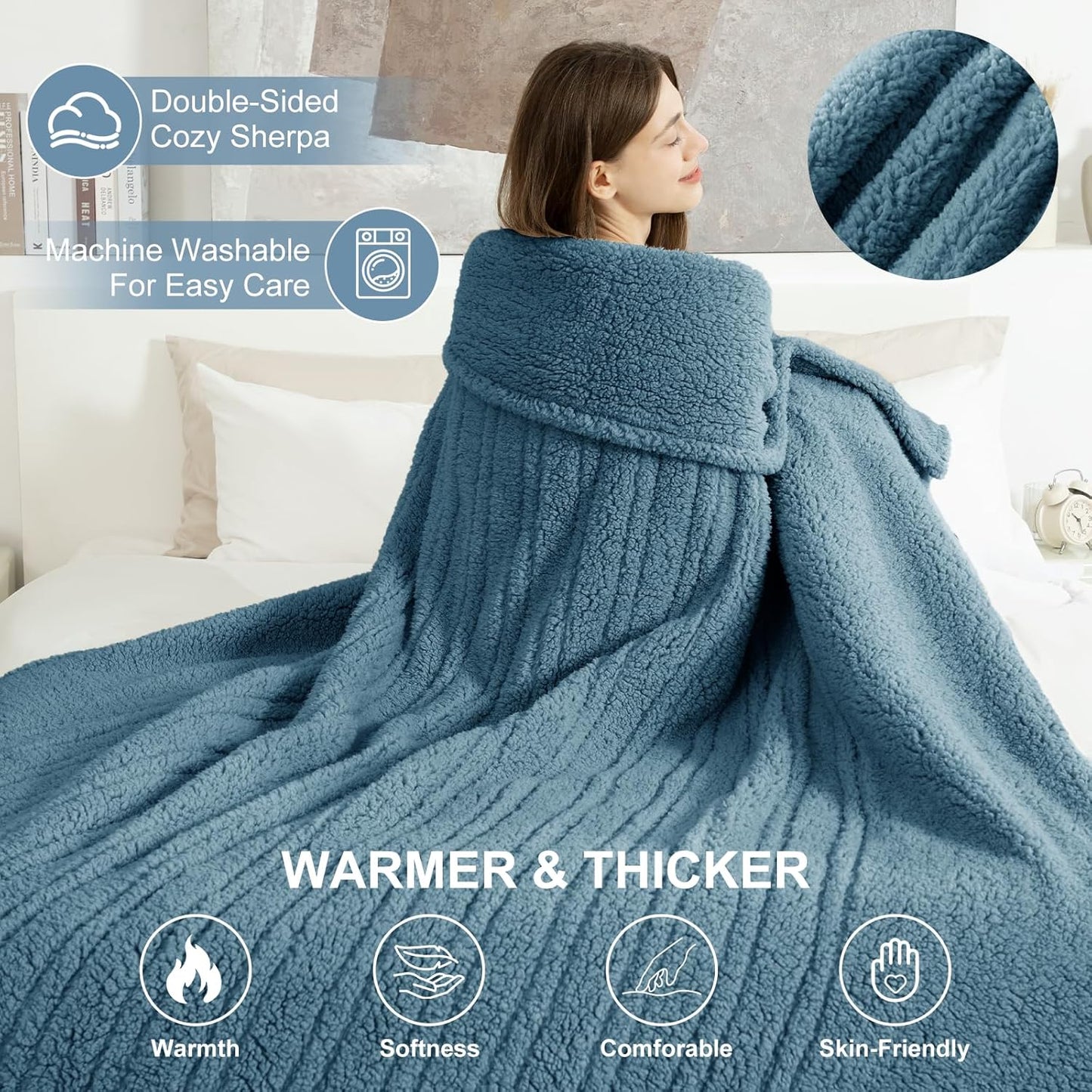 Heated Blanket Twin 62"X84" - Soft Double Sided Sherpa Electric Blanket Twin with 5 Heatings Levels & 10 hrs Auto Shut Off, Fast Heating & ETL Certified, Gift for Women(Blue)
