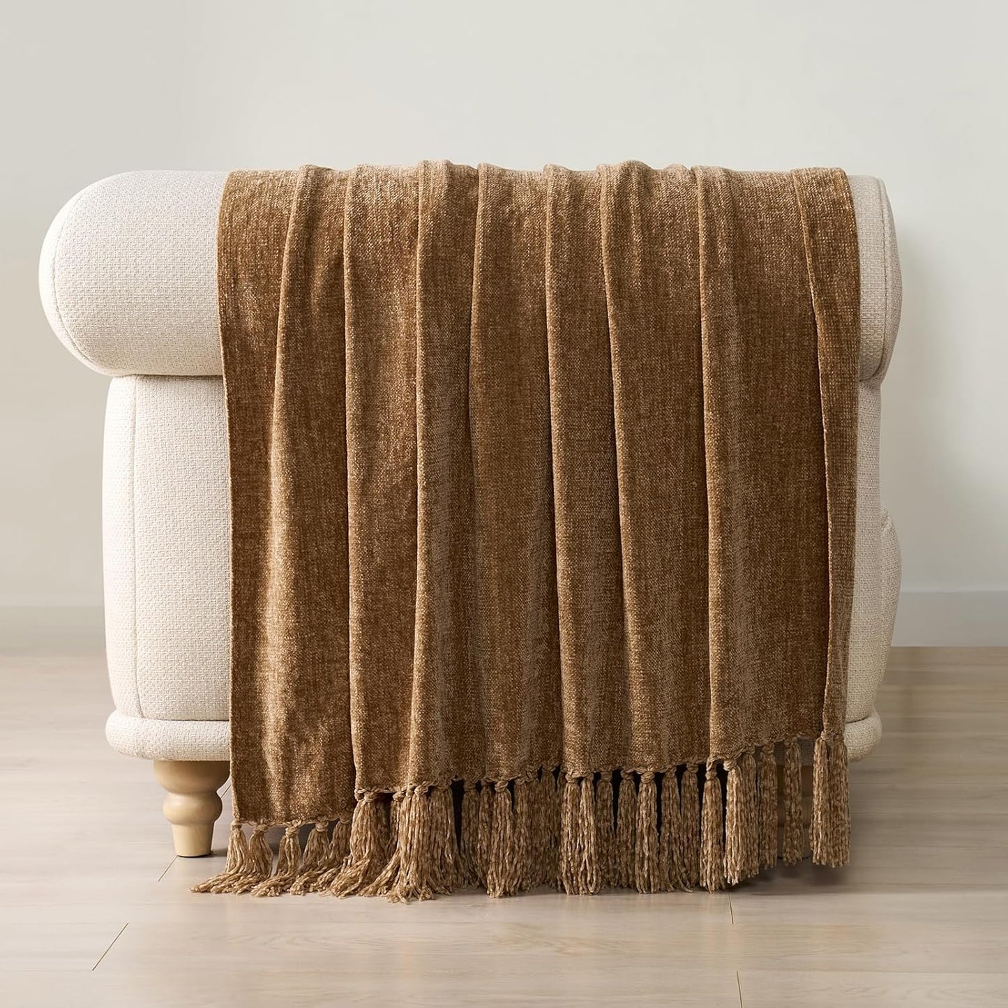 EVERGRACE Soft Chenille Throw Blanket for Couch, Cozy Plush Fuzzy Decorative Chenille Knit Throw Blanket with Tassels, Lightweight Blanket and Throws for Bed Sofa Gift Home Decor, Khaki 60"x80"