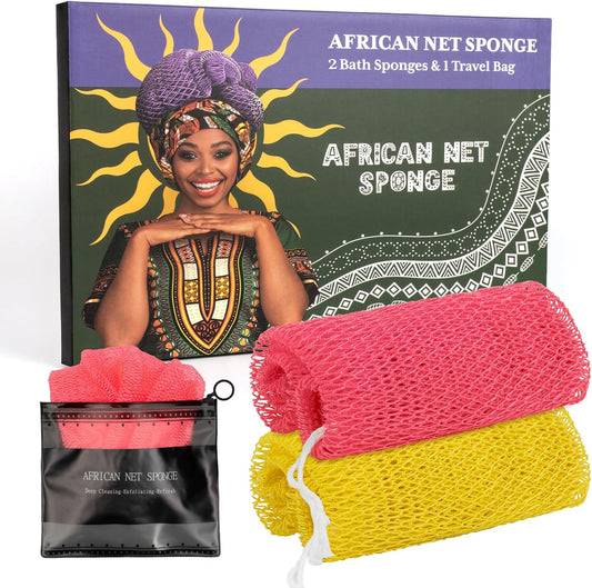 African Net Sponge Authentic with Handles (Set of 2), African Exfoliating Net Sponge, Exfoliating Body Scrubber Bath Sponge - Bathing Accessories with Storage Bag (Rose & Bright Yellow)