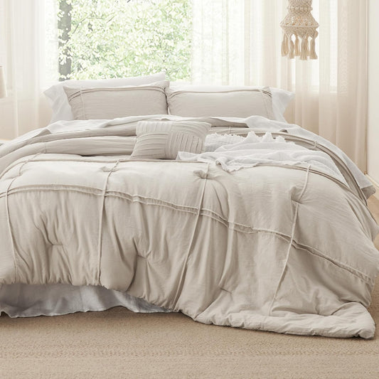 Bedsure California King Comforter Set - 4 Pieces Grid Pleat Bed Set, Beige Boho Bedding for All Season, 1 Soft Comforter, 2 Pillowcases, 1 Decorative Pillow