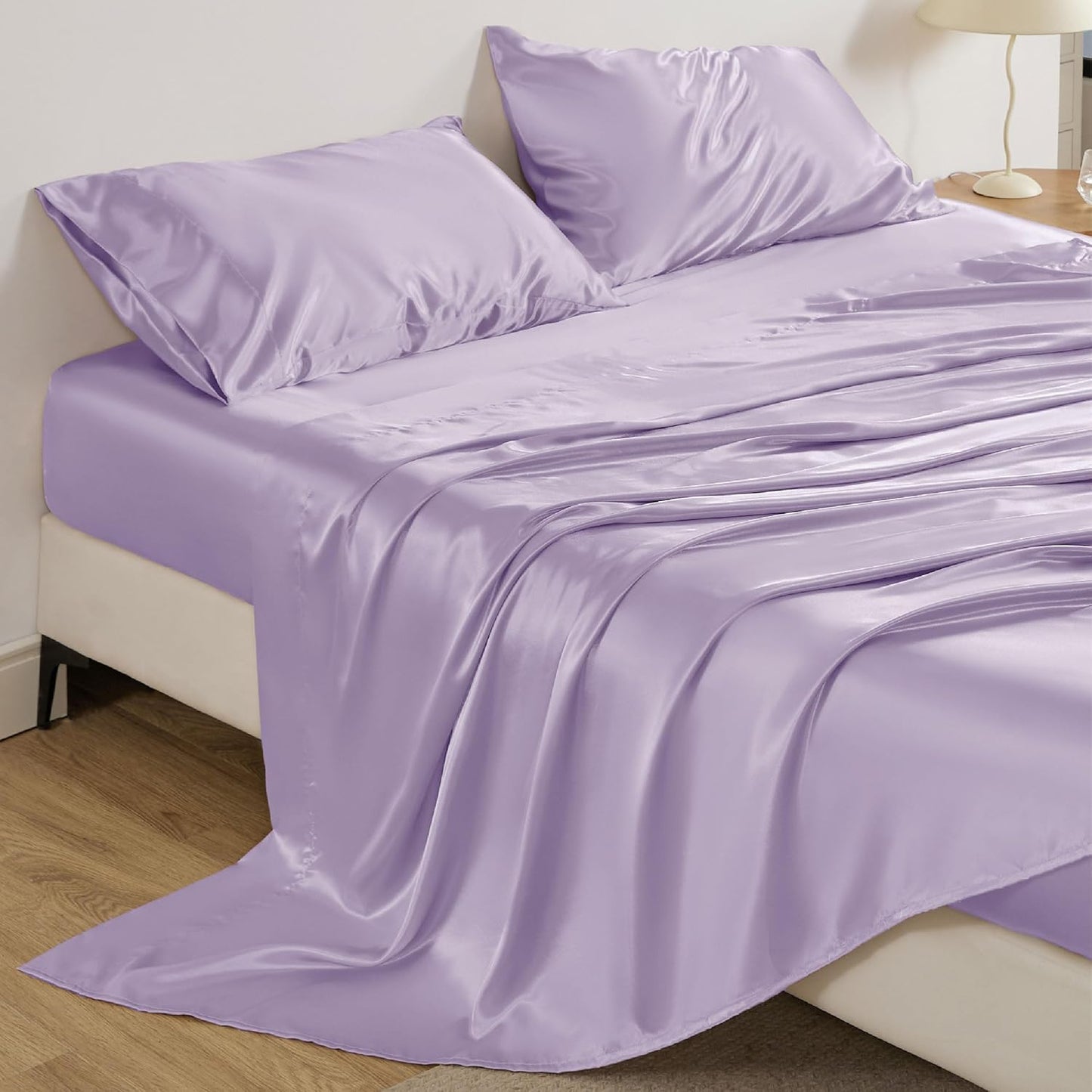 Bedsure Satin Sheets Queen Size - 4 Piece Silky Bedsheets with 15 Inches Deep Pocket Fitted Bedsheet,1 Flat Sheet, 2 Satin Pillowcases, Good for Hair & Skin (Queen, Lavender)