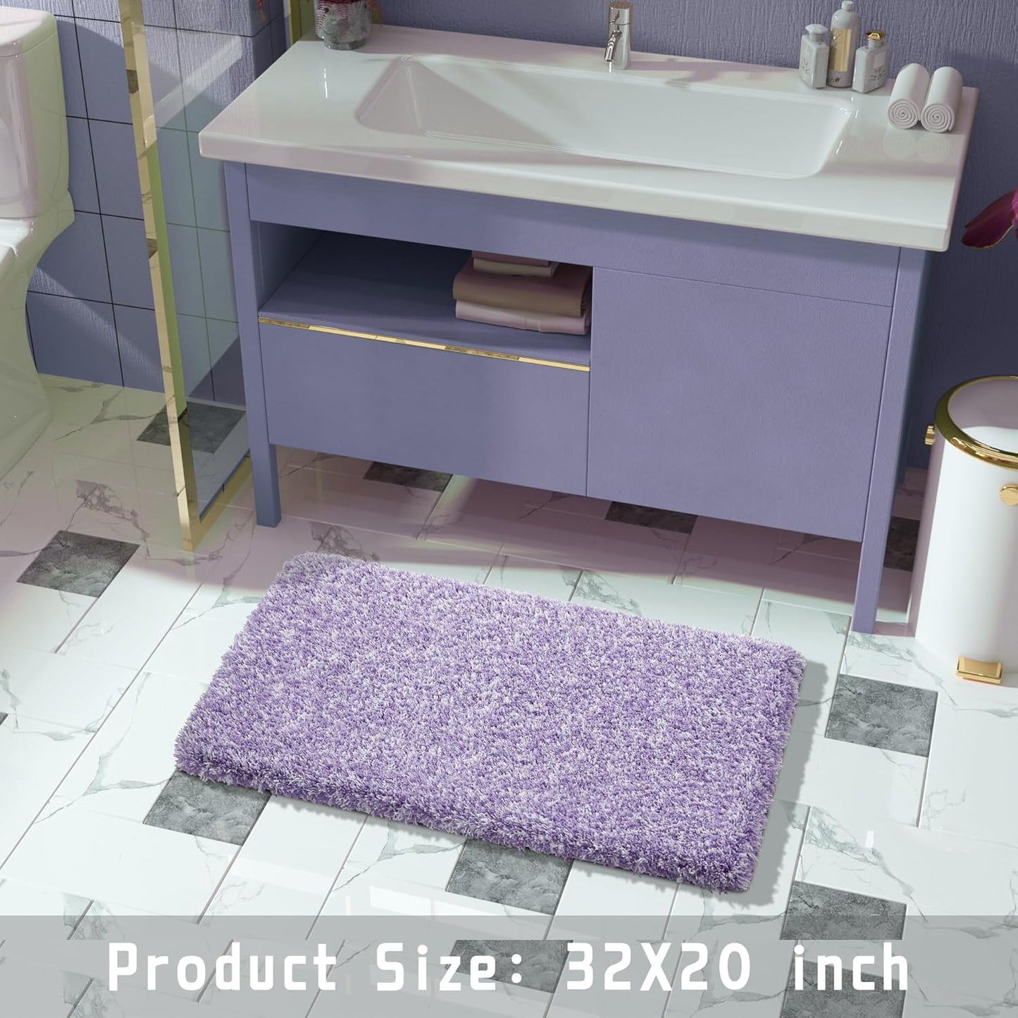 Yimobra Bath Rugs for Bathroom 32x20, Ultra Soft and Water Absorbent Bath Mats, Non Slip Plush Shower Mat Outside, Microfiber Thick Matts for Bathroom Floor/Tub, Machine Washable, Purple and White
